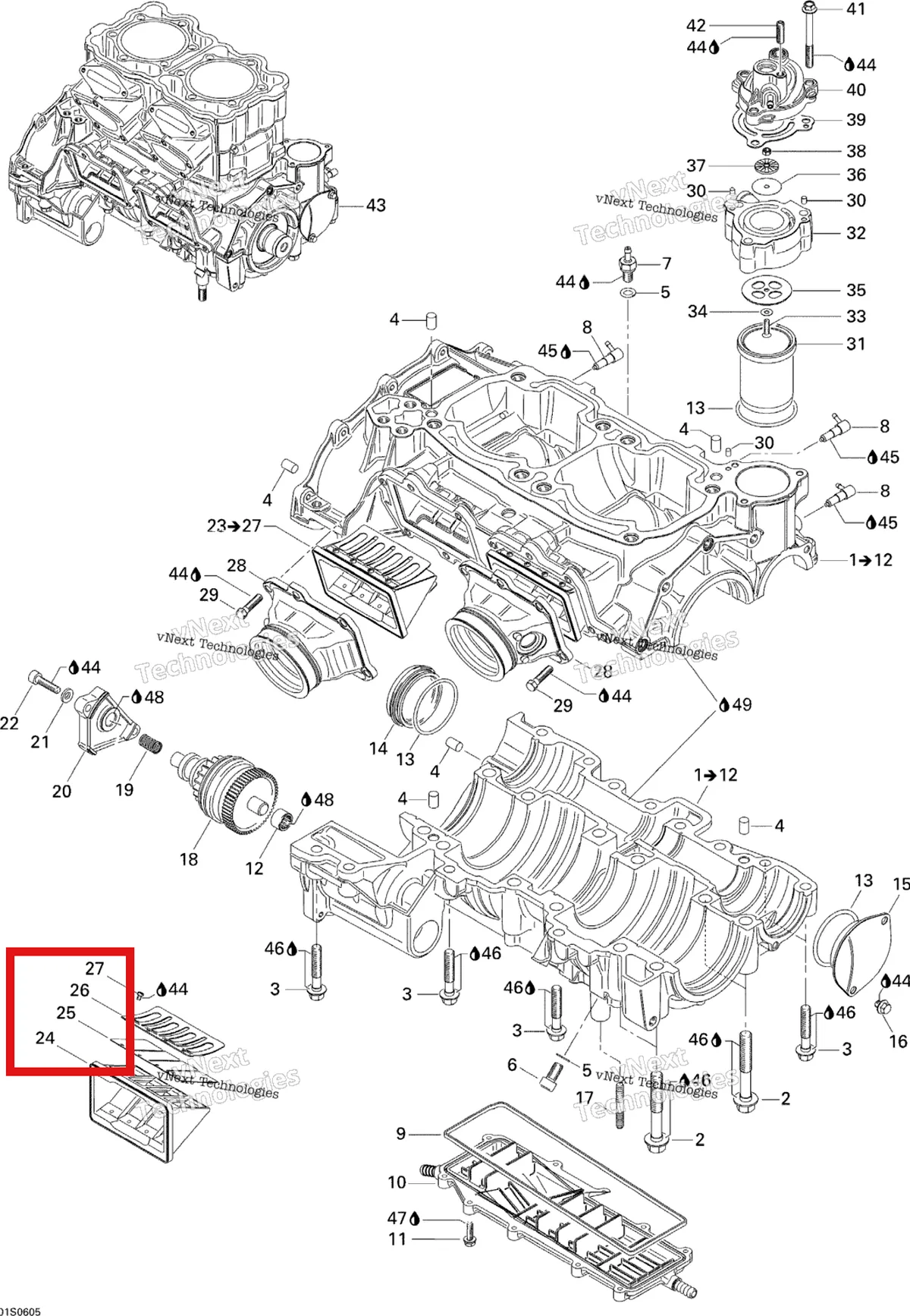 Деталь 420924612 на схеме узла 2006 Sea-Doo 3D 947 DI Crankcase And Reed Valve
