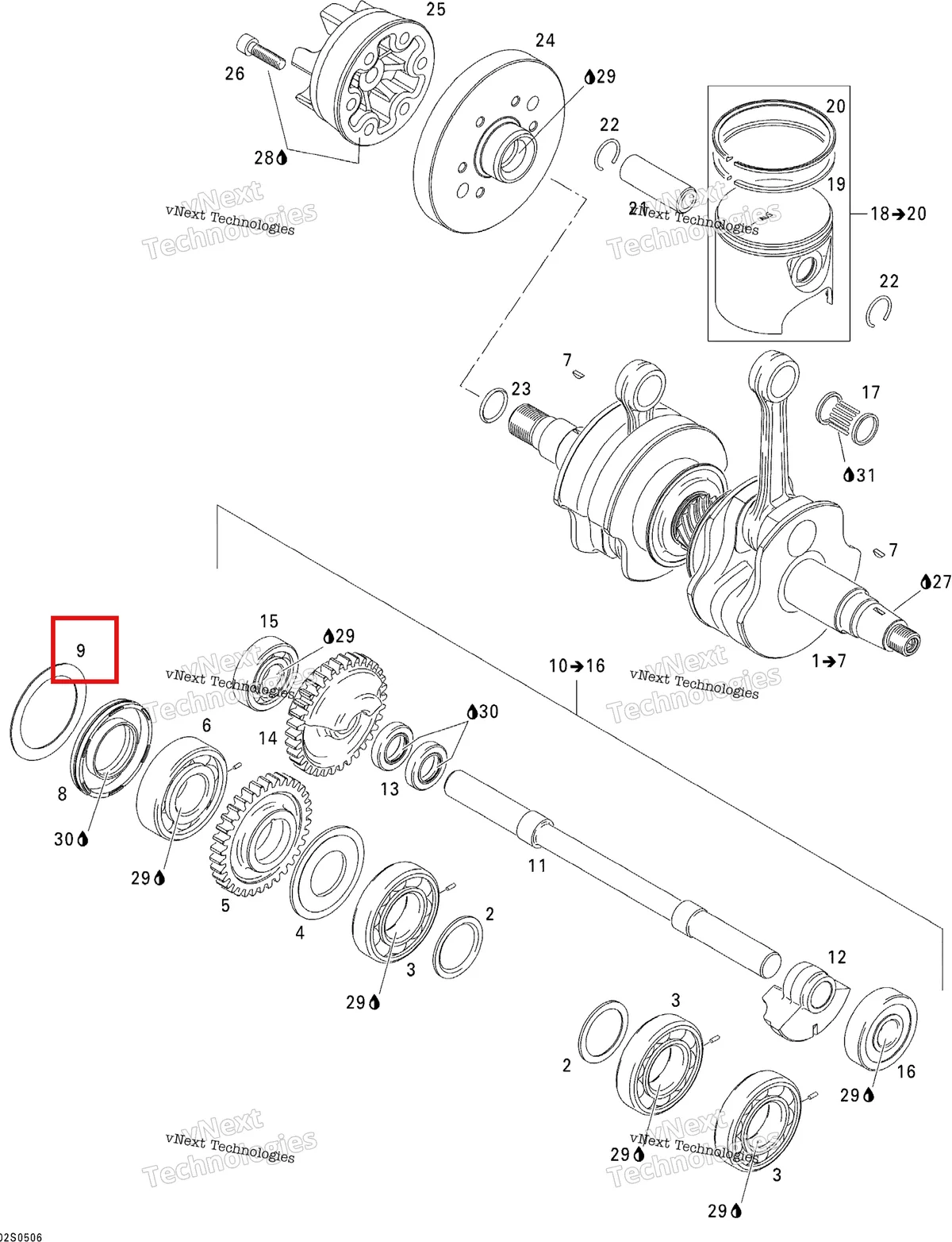 Деталь 420926060 на схеме узла 2005 Sea-Doo 3D RFI Crankshaft, Pistons And Balance Shaft