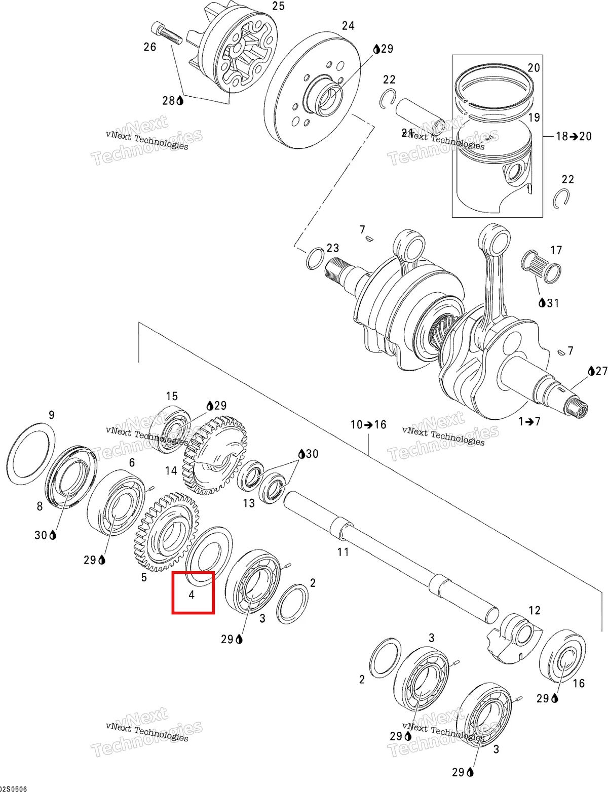Деталь 420926140 на схеме узла 2005 Sea-Doo 3D RFI Crankshaft, Pistons And Balance Shaft
