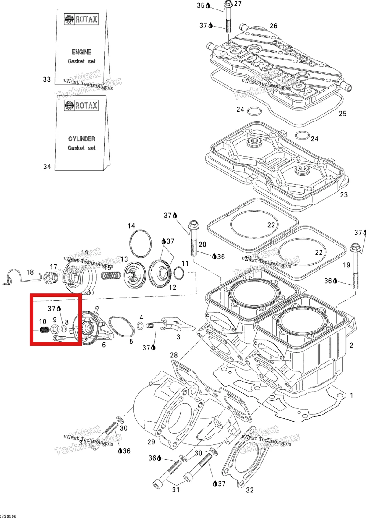 Деталь 420926225 на схеме узла 2005 Sea-Doo 3D RFI Cylinder And Exhaust Manifold