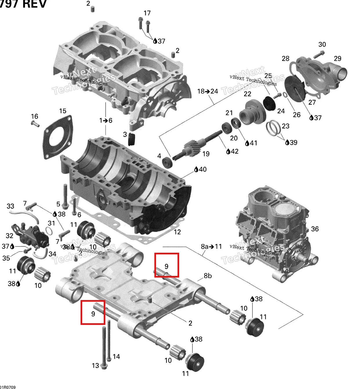 Деталь 420929580 (Деталь Supportin Rod) на схеме узла 2007 Ski-Doo Summit X Crankcase, Water Pump And Oil Pump