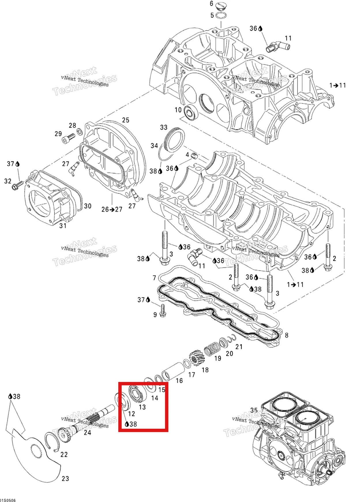 Деталь 420930580 (Сальник) на схеме узла 2005 Sea-Doo 3D RFI Crankcase And Rotary Valve