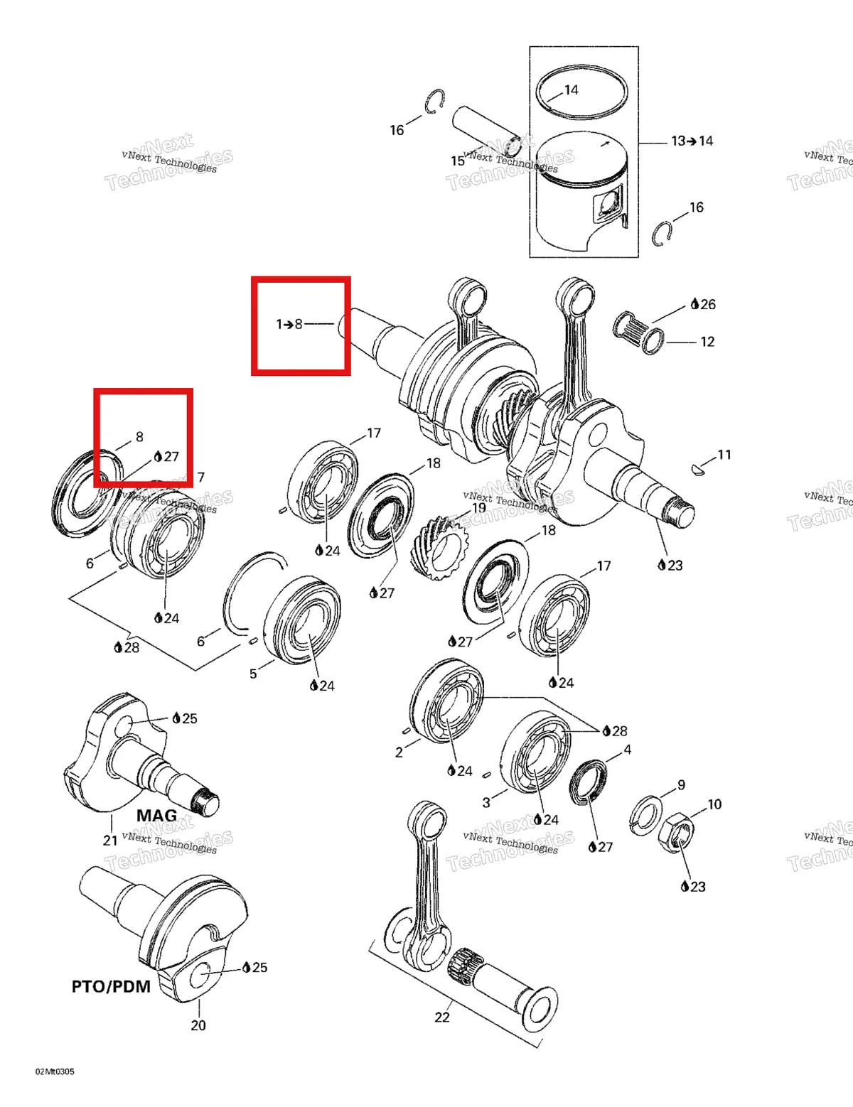 Деталь 420931280 (Сальник) на схеме узла 2003 Ski-Doo Grand Touring SE 800 SDI Crankshaft And Pistons