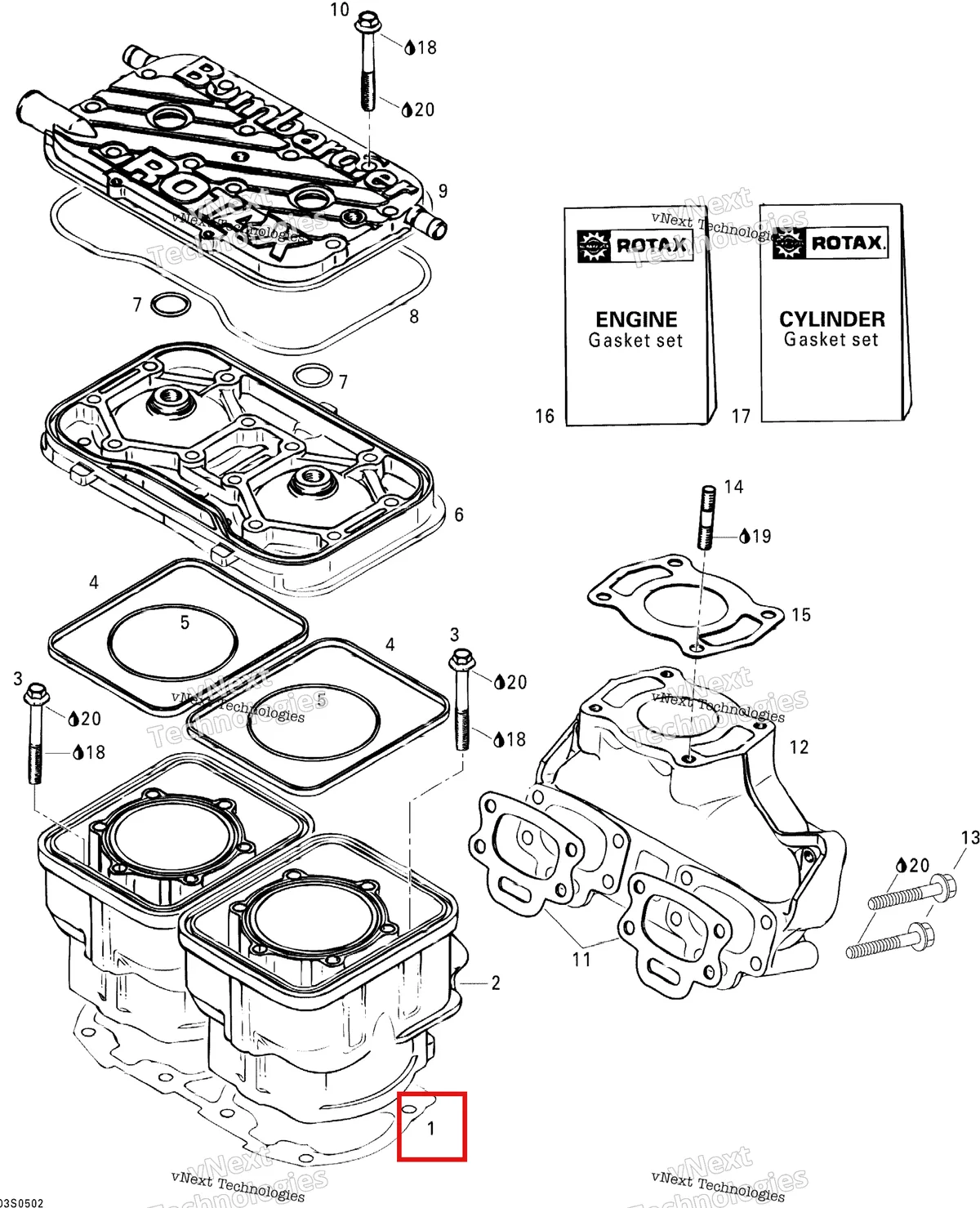 Деталь 420931404 на схеме узла 2005 Sea-Doo GTI Cylinder And Exhaust Manifold
