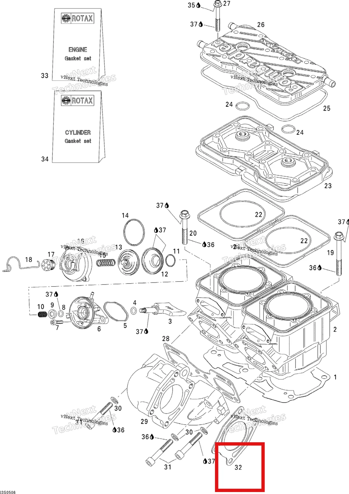 Деталь 420931503 на схеме узла 2005 Sea-Doo 3D RFI Cylinder And Exhaust Manifold