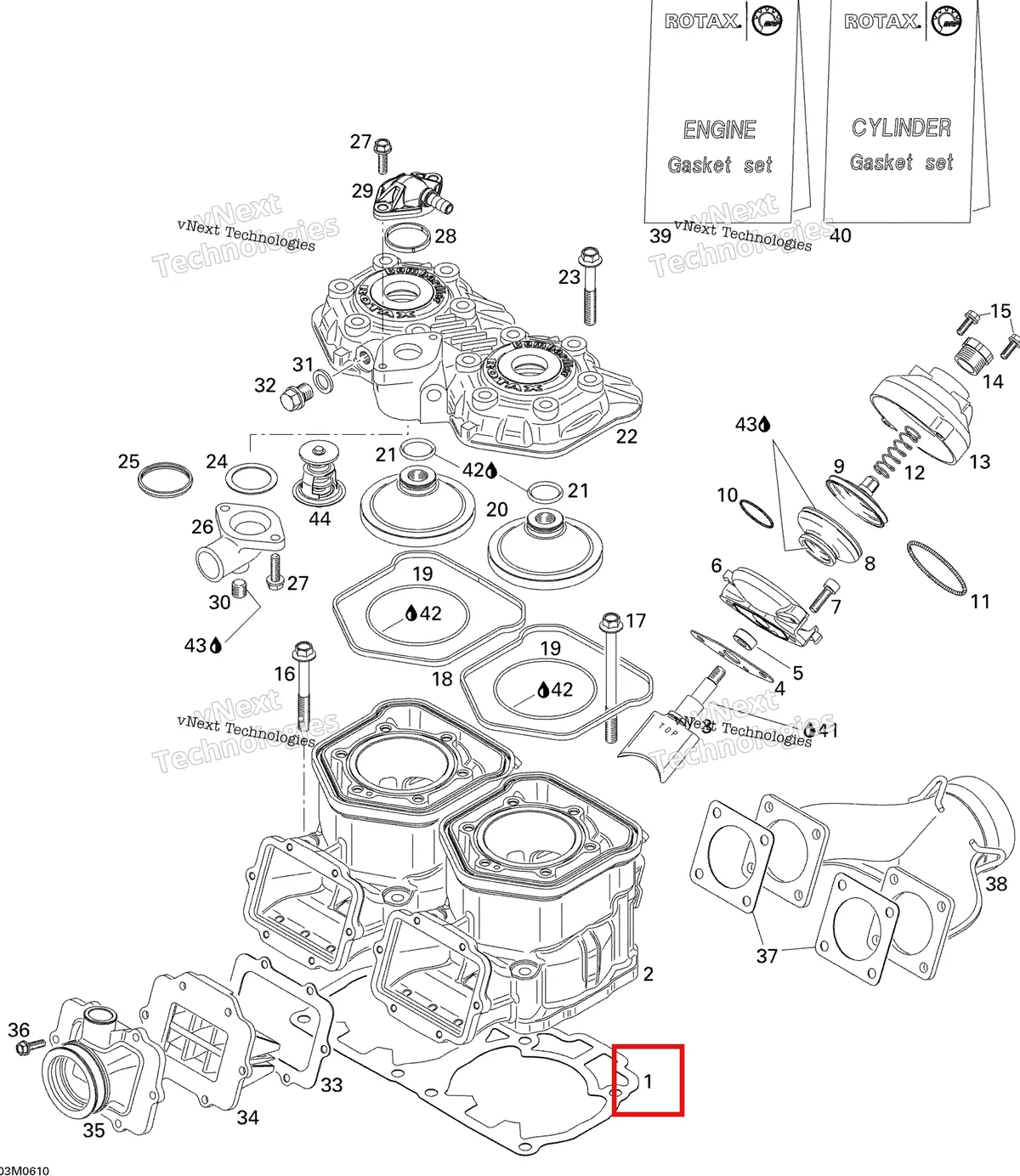 Деталь 420931580 (Деталь Gasket, Double 0.3 Mm) на схеме узла 2006 Ski-Doo MX Z 440 Racing Cylinder And Exhaust Manifold