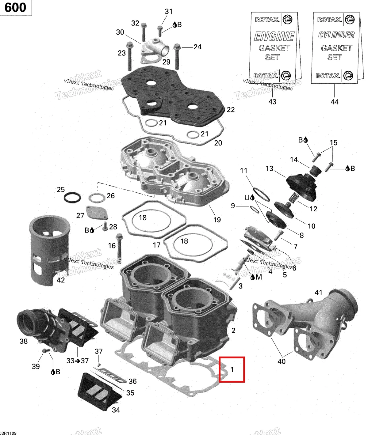 Схема применяемости: Двойной прокладка 0.5 мм Ski-Doo Skandic WT 600 (2009) (420931583)