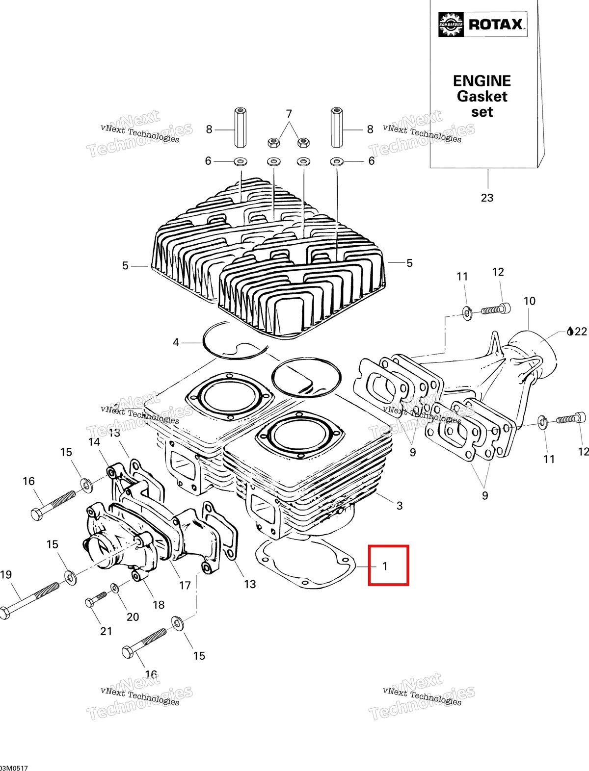 Деталь 420931780 (Деталь Gasket, Cyl.bottom 0.3) на схеме узла 2005 Ski-Doo Skandic LT 440F Cylinder And Cylinder Head, Rear Side