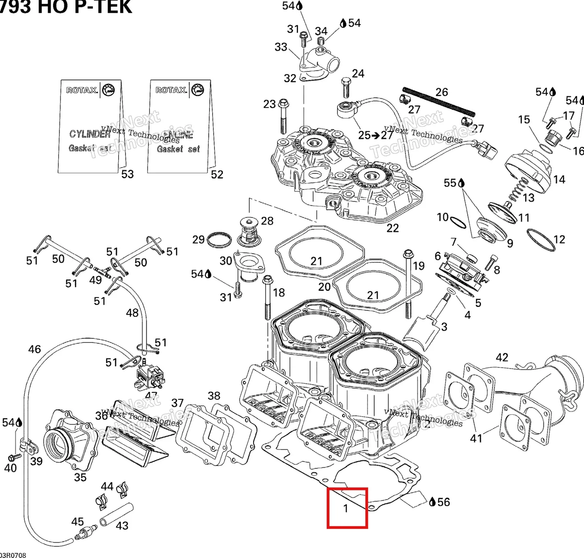Деталь 420931837 (Деталь Gasket, Double 0.6 Mm) на схеме узла 2007 Ski-Doo MX Z XRS 800 HO PTEK Cylinder, Exhaust Manifold And Reed Valve
