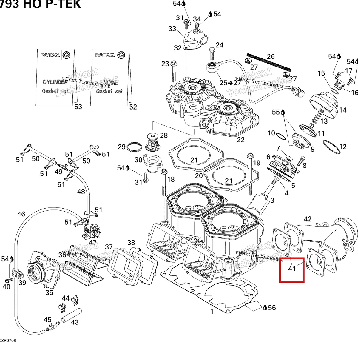 Деталь 420931850 (Прокладка) на схеме узла 2007 Ski-Doo MX Z XRS 800 HO PTEK Cylinder, Exhaust Manifold And Reed Valve