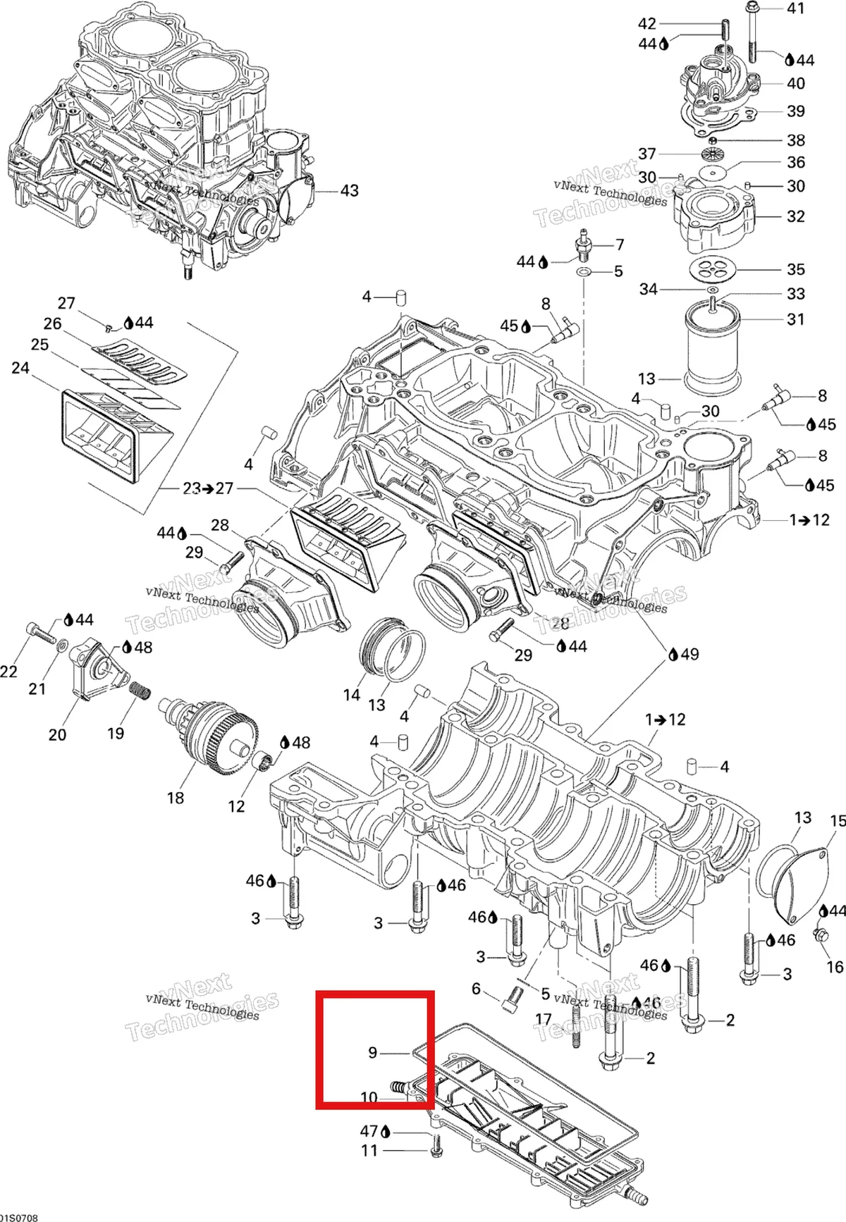 Деталь 420931880 на схеме узла 2007 Sea-Doo 3D 947 DI Crankcase And Reed Valve
