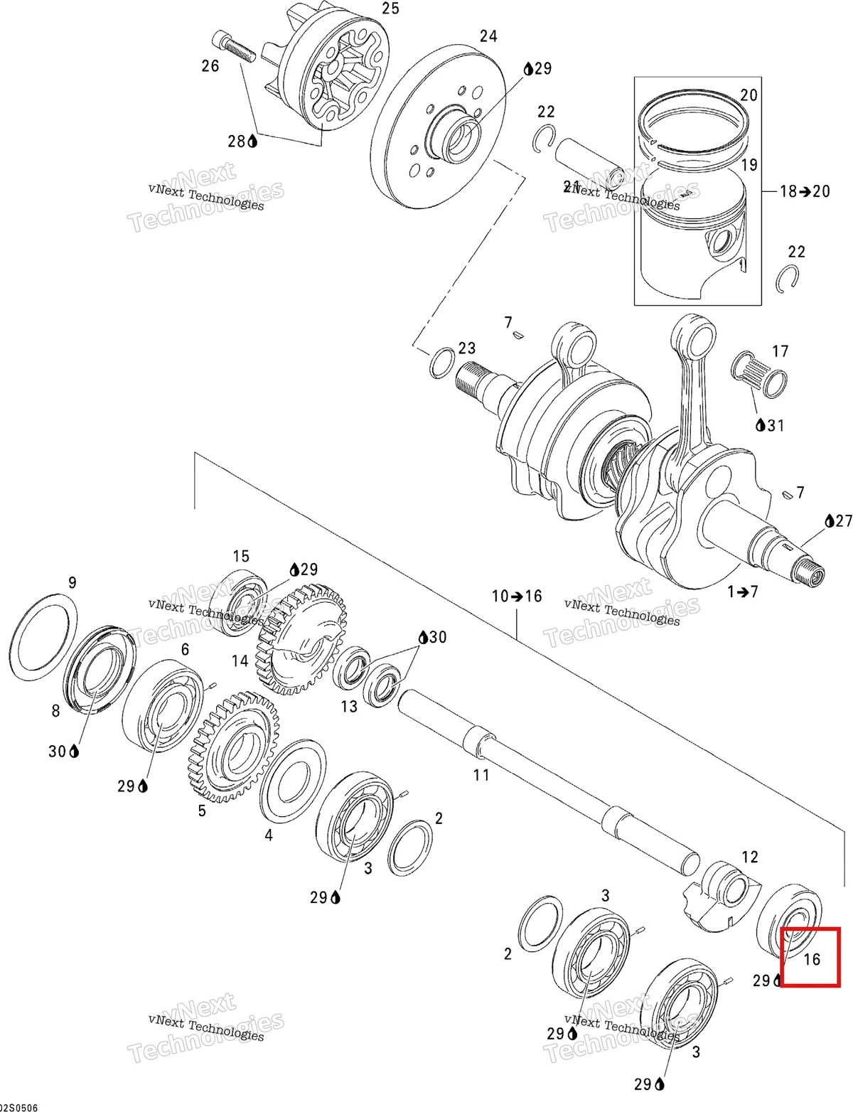 Деталь 420932098 на схеме узла 2005 Sea-Doo 3D RFI Crankshaft, Pistons And Balance Shaft