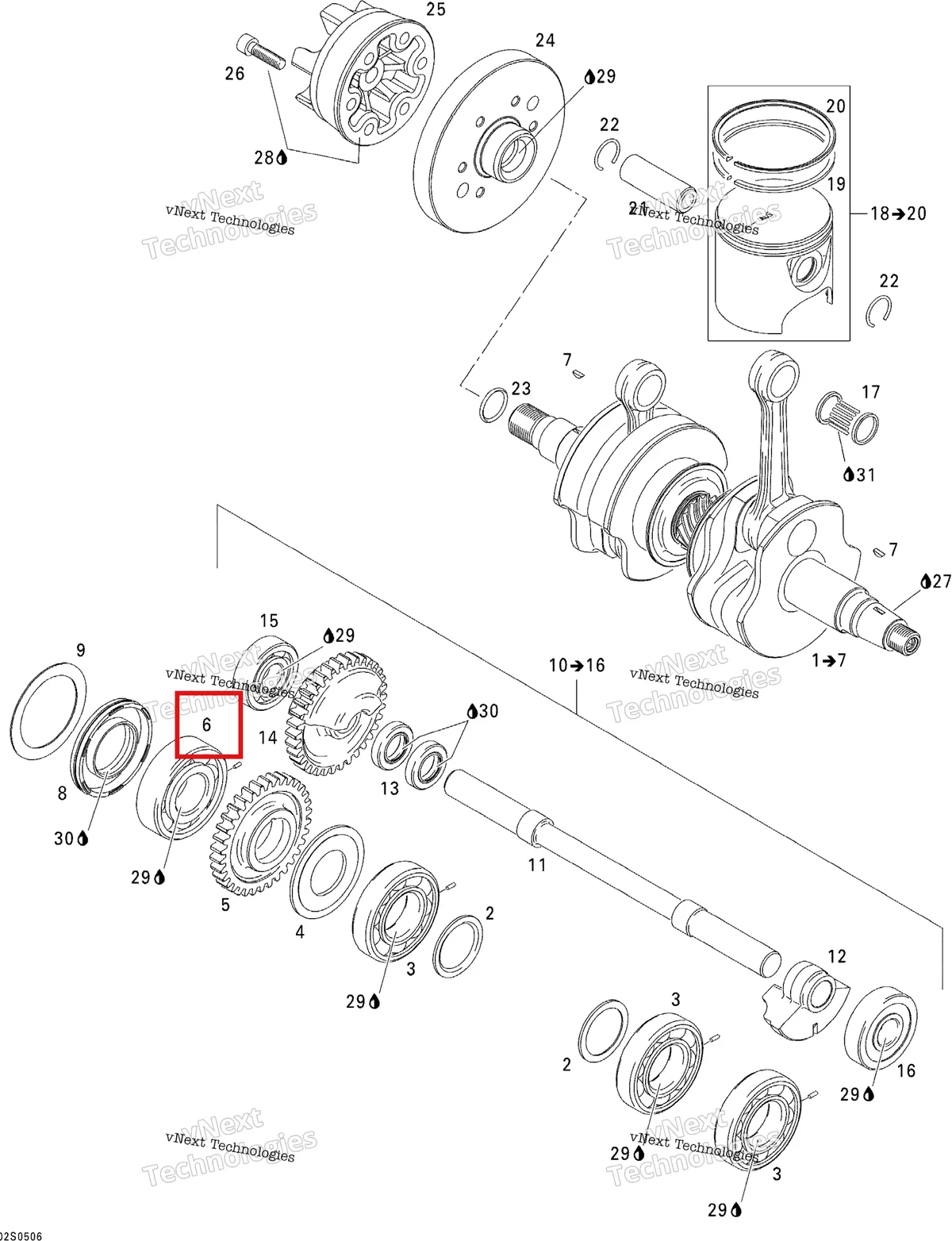 Деталь 420932579 на схеме узла 2005 Sea-Doo 3D RFI Crankshaft, Pistons And Balance Shaft