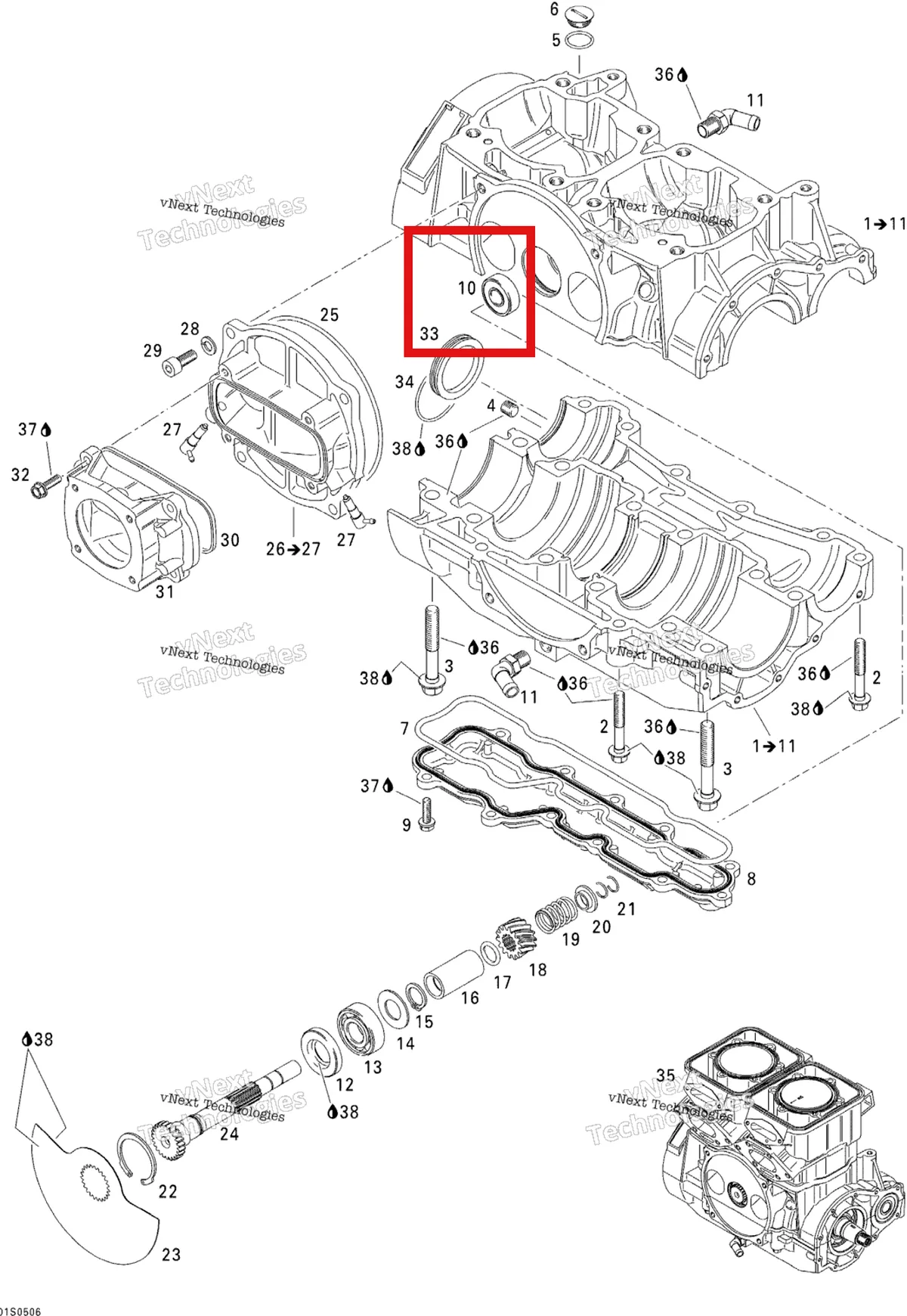 Деталь 420932797 (Подшипник) на схеме узла 2005 Sea-Doo 3D RFI Crankcase And Rotary Valve