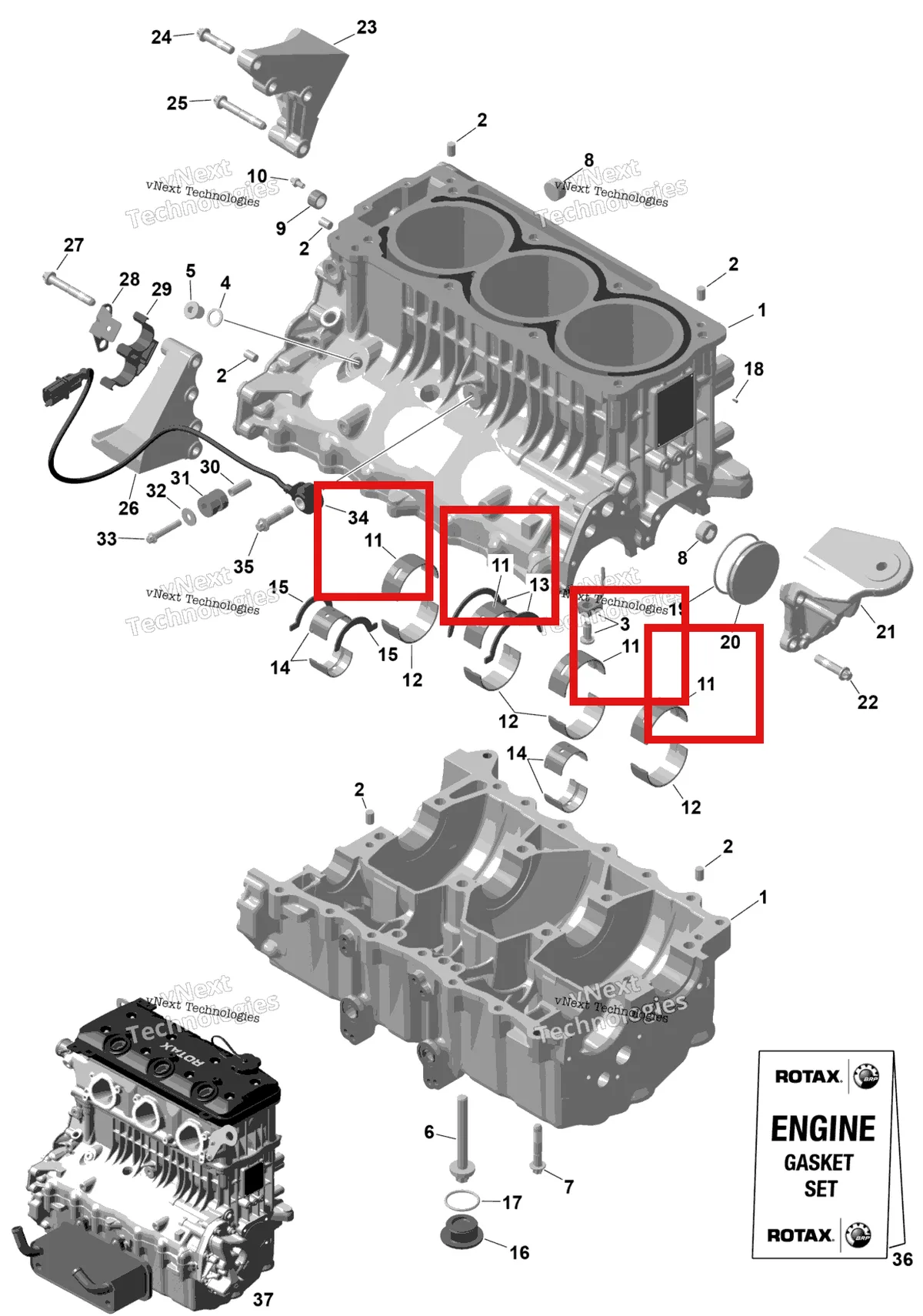 Деталь 420933456 на схеме узла 2026 Sea-Doo GTX - 300 - STD - 15TA - Blue Abyss - Audio Rotax - Crankcase