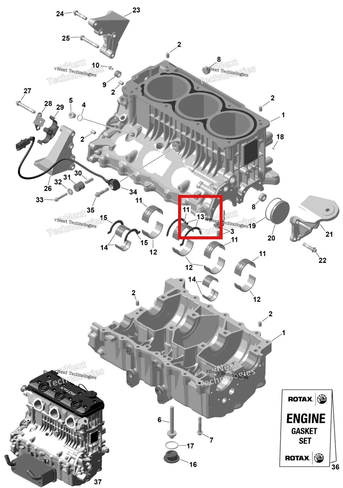 Деталь 420933475 на схеме узла 2026 Sea-Doo GTX - 300 - STD - 15TA - Blue Abyss - Audio Rotax - Crankcase