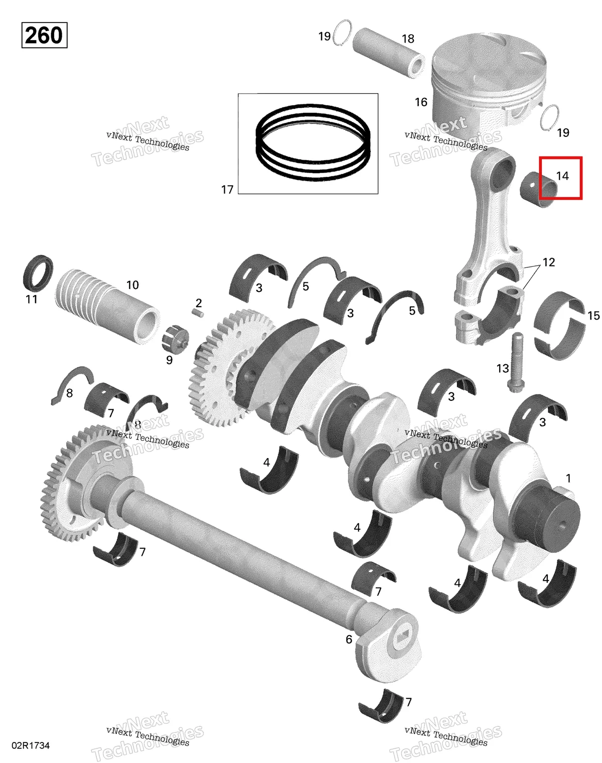 Деталь 420933510 на схеме узла 2017 Sea-Doo RXT Crankshaft, Pistons And Balance Shaft - 260