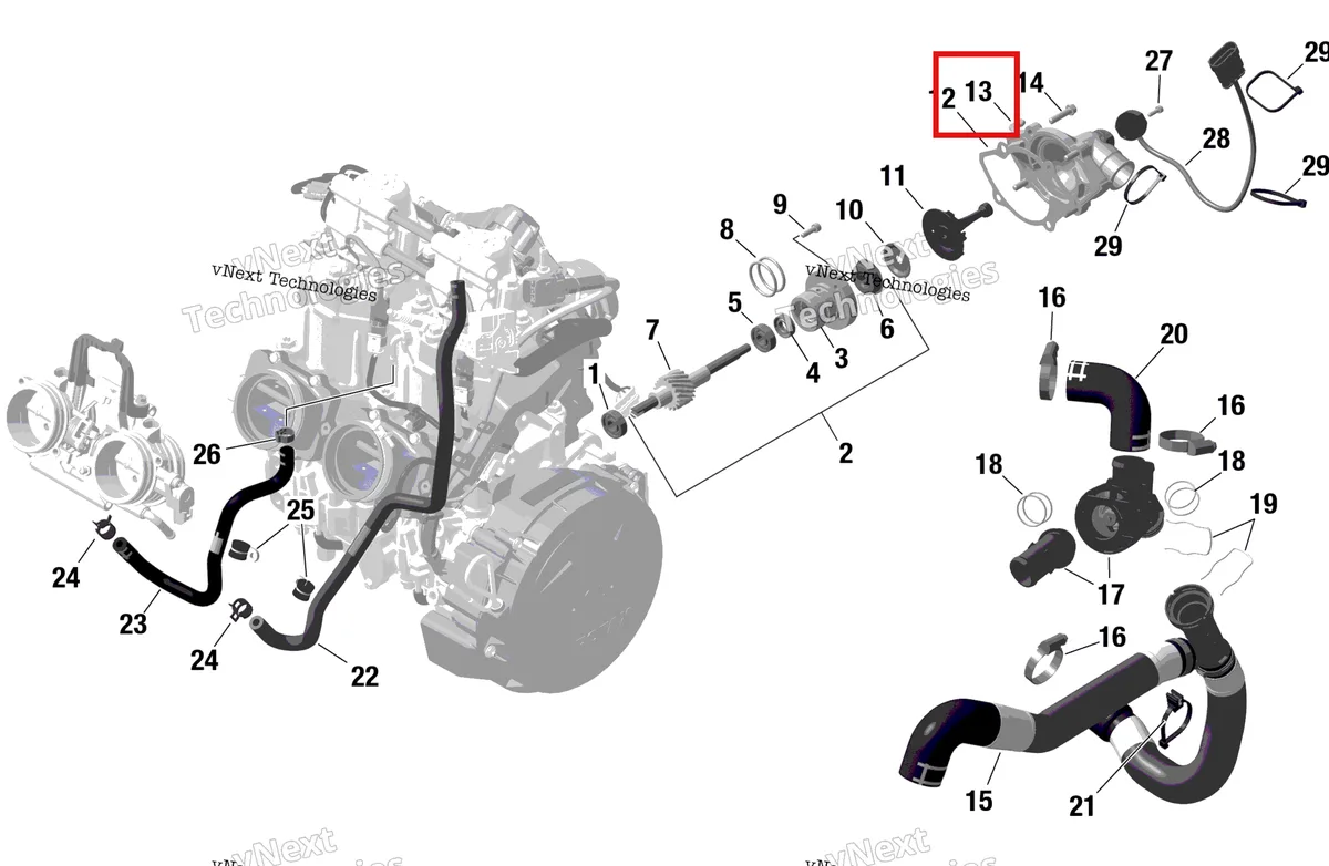 Деталь 420933636 на схеме узла 2024 Ski-Doo SUMMIT 600R E-TEC - Adrenaline - CDRD - Deep Black - 146X16X2.5PF Track Rotax - Engine Cooling
