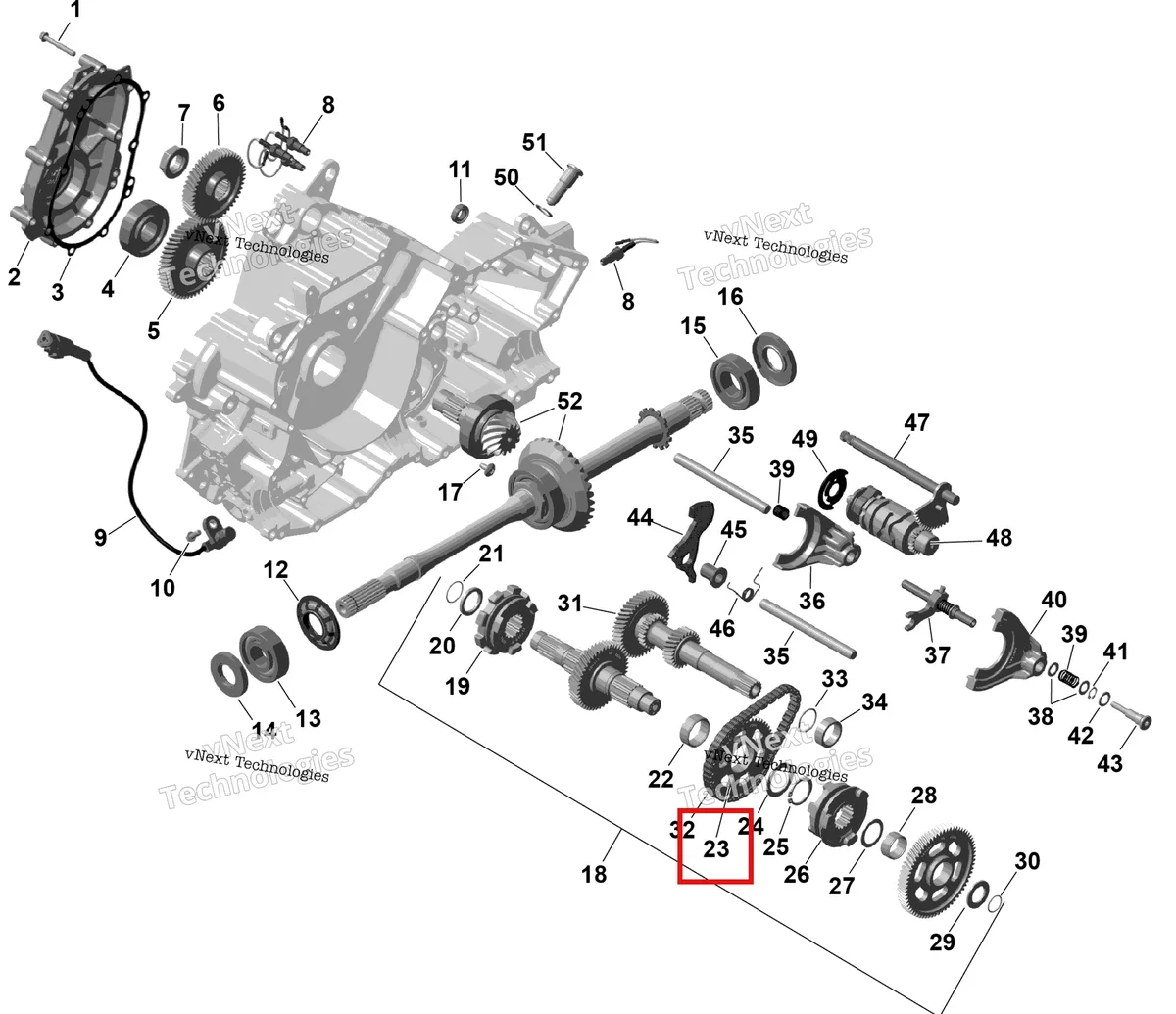 Деталь 420934190 (Ведущая шестерня 49 зубьев Can-Am Outlander 4x4 XT 1000R (2025) (420934190)) на схеме узла 2026 Can-Am OUTLANDER - 2X4 - STD - 500 - 1KTB - Legion Red Rotax - Gearbox