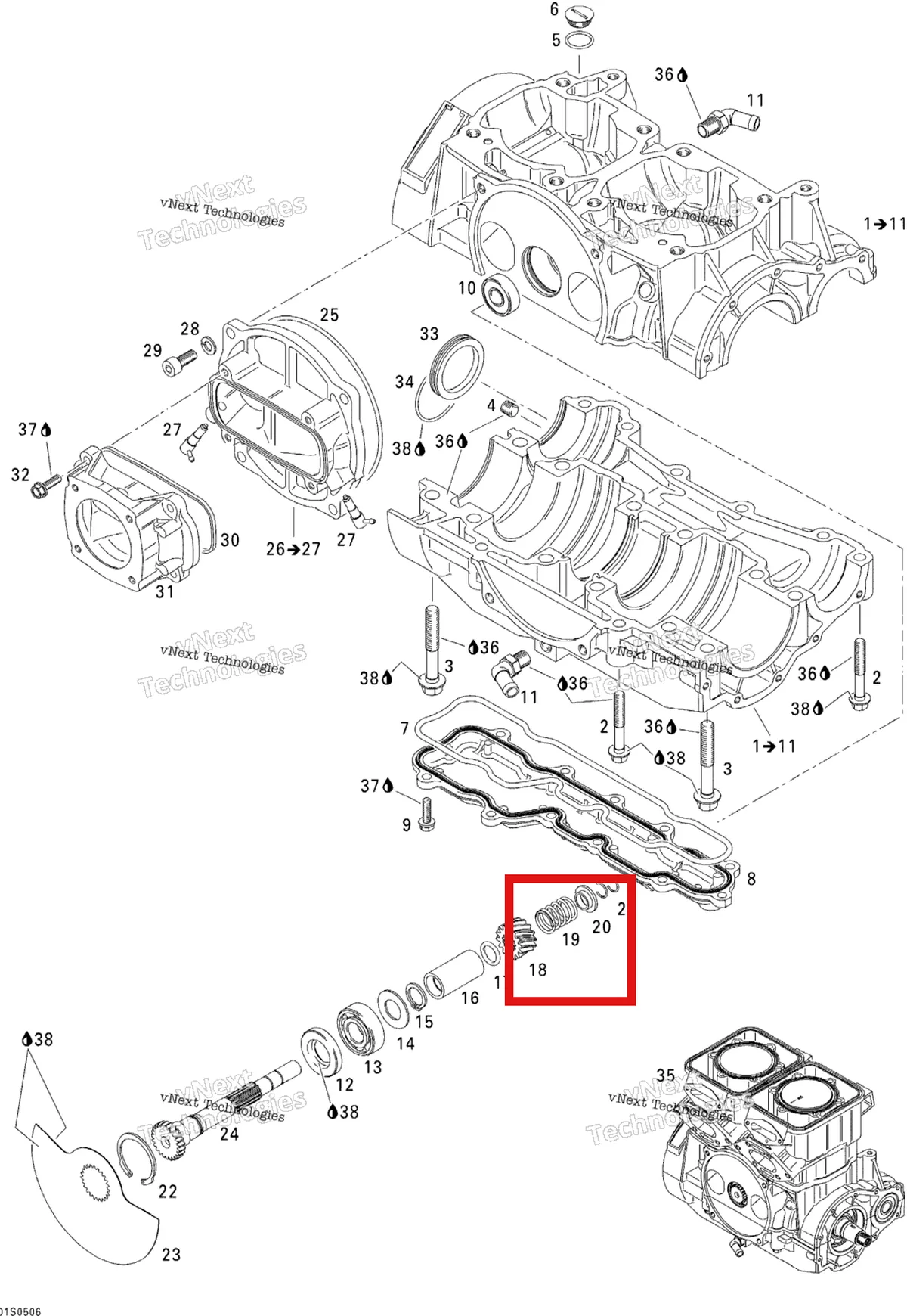 Деталь 420935735 (Деталь Rotary Valve Gear Z=14) на схеме узла 2005 Sea-Doo 3D RFI Crankcase And Rotary Valve