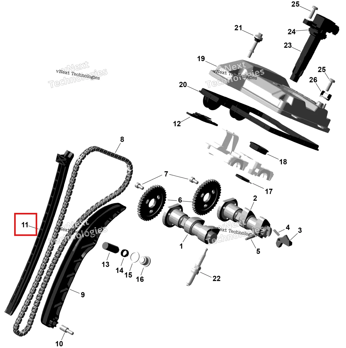 Деталь 420936520 (Направляющая цепи Can-Am Outlander 4x4 DPS 700 (2025) (420936520)) на схеме узла 2026 Can-Am OUTLANDER - 2X4 - STD - 500 - 1KTB - Legion Red Rotax - Valve Train