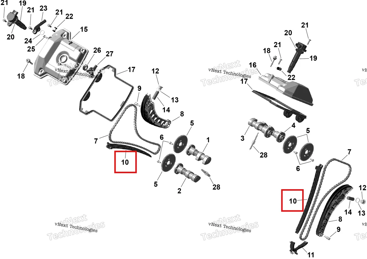Деталь 420936521 (Направляющая цепи Can-Am Outlander 4x4 XT 1000R (2025) (420936521)) на схеме узла 2026 Can-Am OUTLANDER - 4X4 - BACKCOUNTRY - 1000R - 4NTA - CALI - Dark Camo Rotax - Valve Train