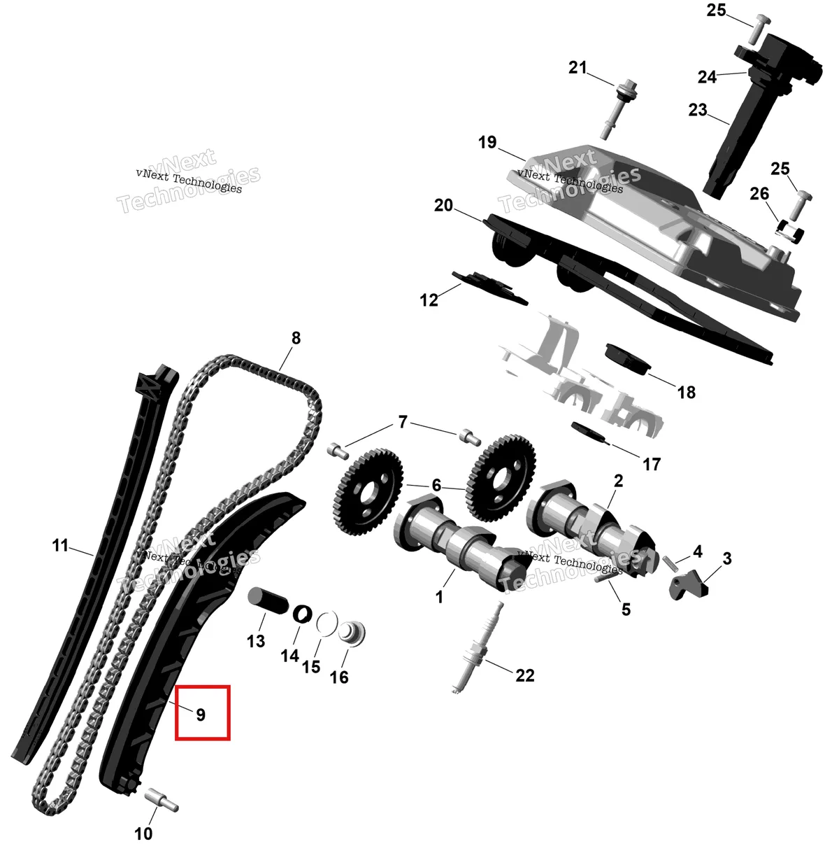 Деталь 420936530 (Цепь Tension направляющая Can-Am Outlander 4x4 DPS 700 (2025) (420936530)) на схеме узла 2026 Can-Am OUTLANDER - 2X4 - STD - 500 - 1KTB - Legion Red Rotax - Valve Train