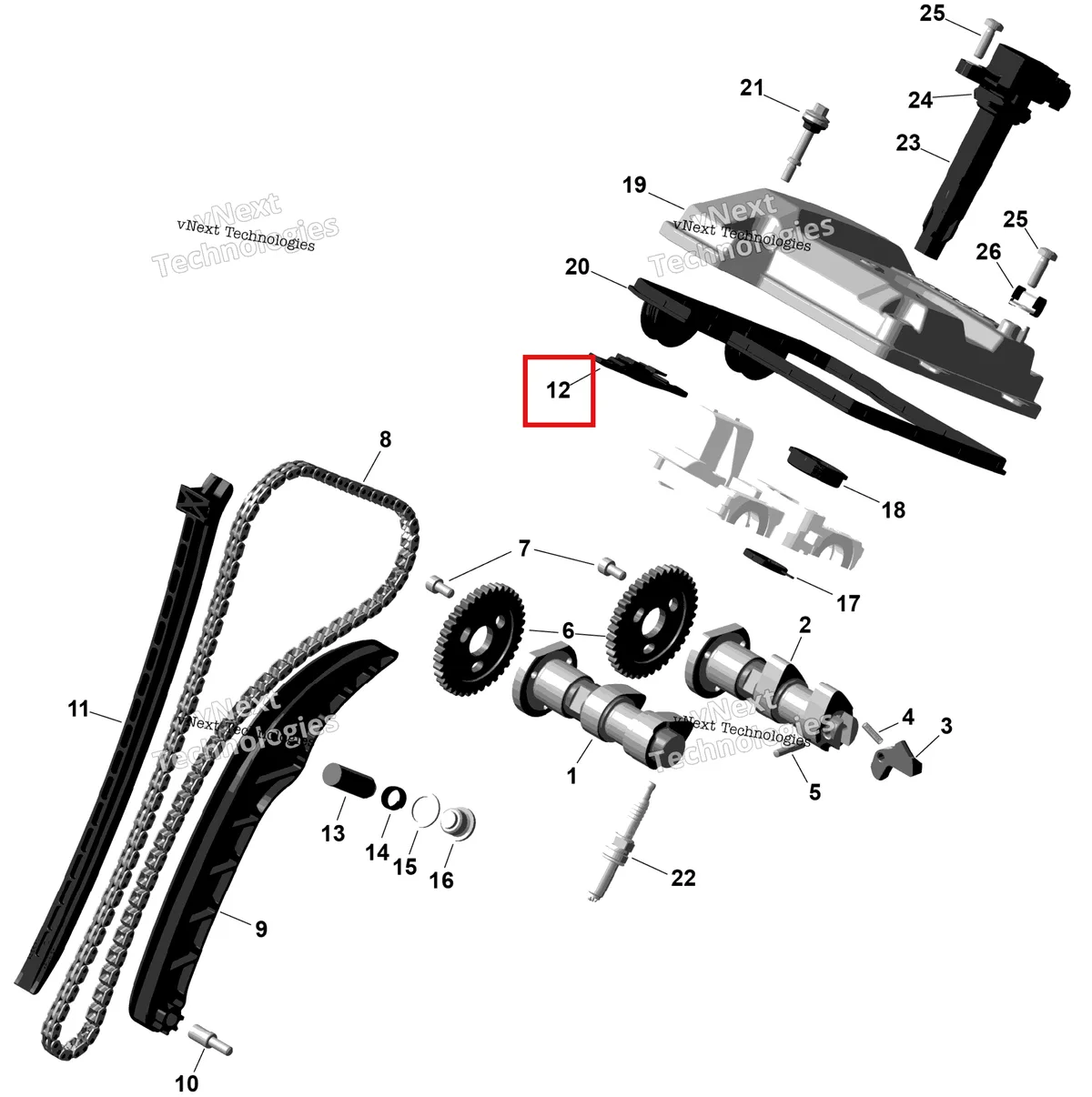Деталь 420936540 (Верхний направляющая цепи Can-Am Outlander 4x4 XT 1000R (2025) (420936540)) на схеме узла 2026 Can-Am OUTLANDER - 2X4 - STD - 500 - 1KTB - Legion Red Rotax - Valve Train