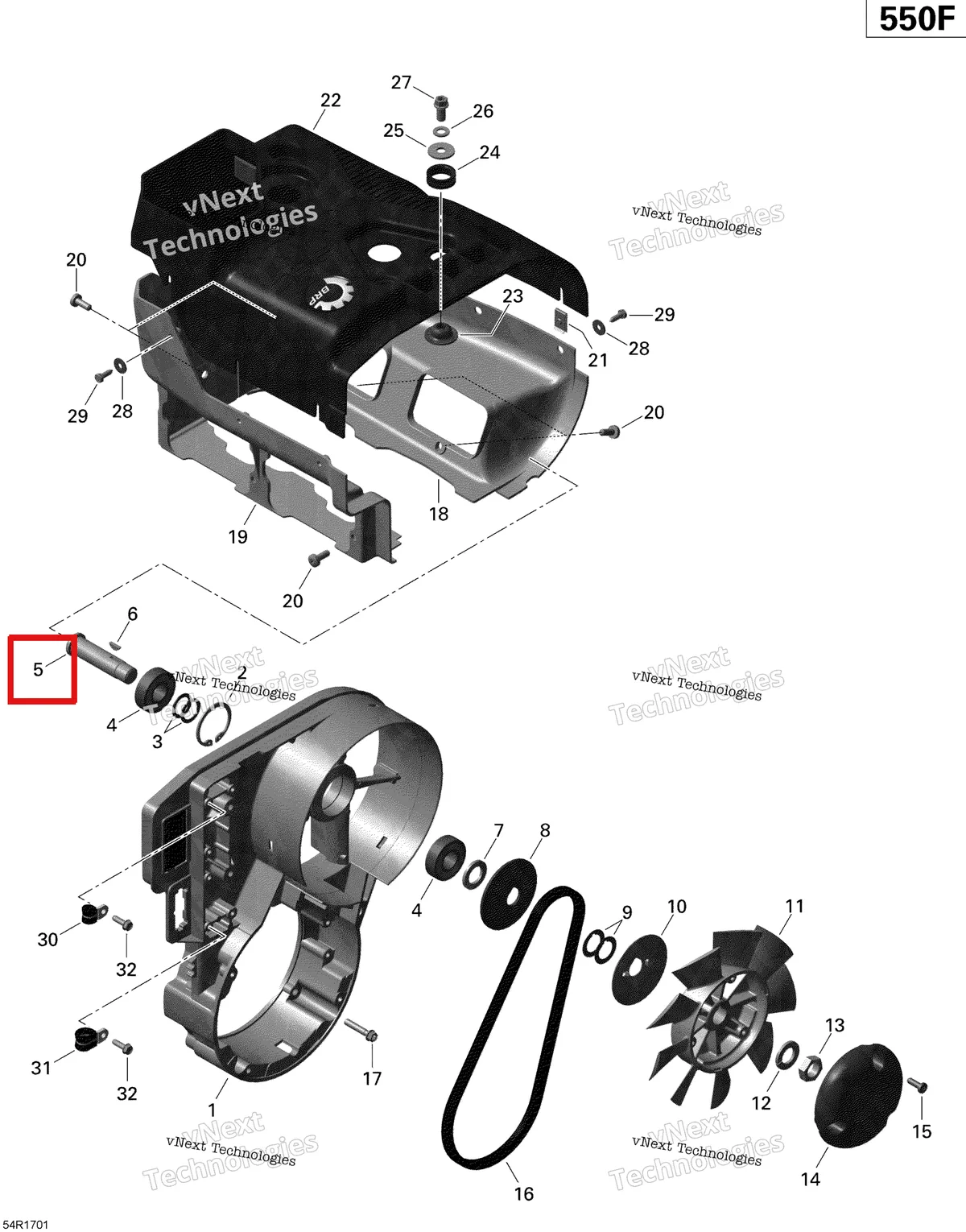 Деталь 420937941 (Деталь Fan Axle) на схеме узла 2020 Ski-Doo EXPEDITION SPORT 550F Engine - Fan And Cylinder Cowls - 550F
