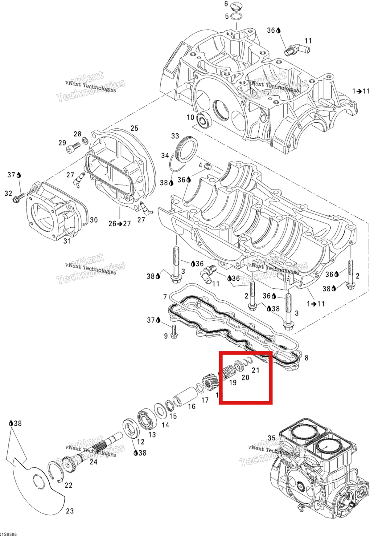 Деталь 420938810 (Пружина) на схеме узла 2005 Sea-Doo 3D RFI Crankcase And Rotary Valve