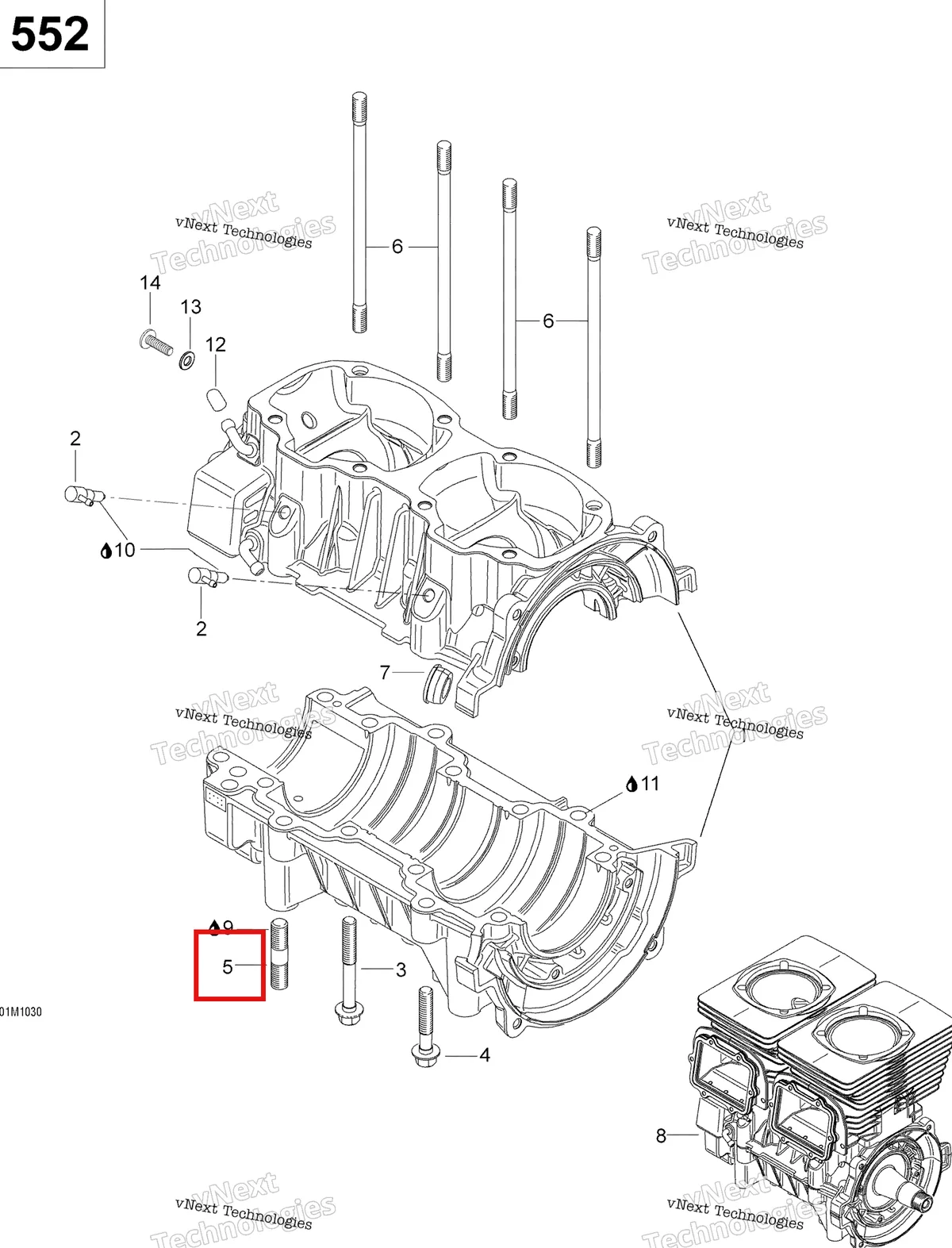 Деталь 420940704 (Деталь Stud M10x23) на схеме узла 2011 Ski-Doo Skandic WT 550F YetiII Crankcase