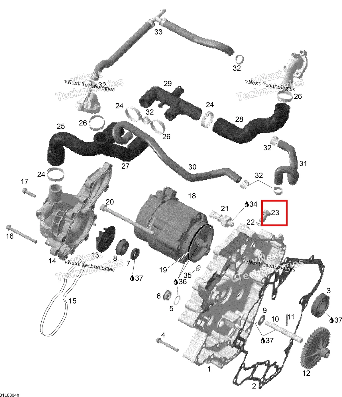 Деталь 420940874 (Деталь Banjo Bolt M10x19) на схеме узла 2008 Ski-Doo Expedition V-1300 Waterpump And Alternator