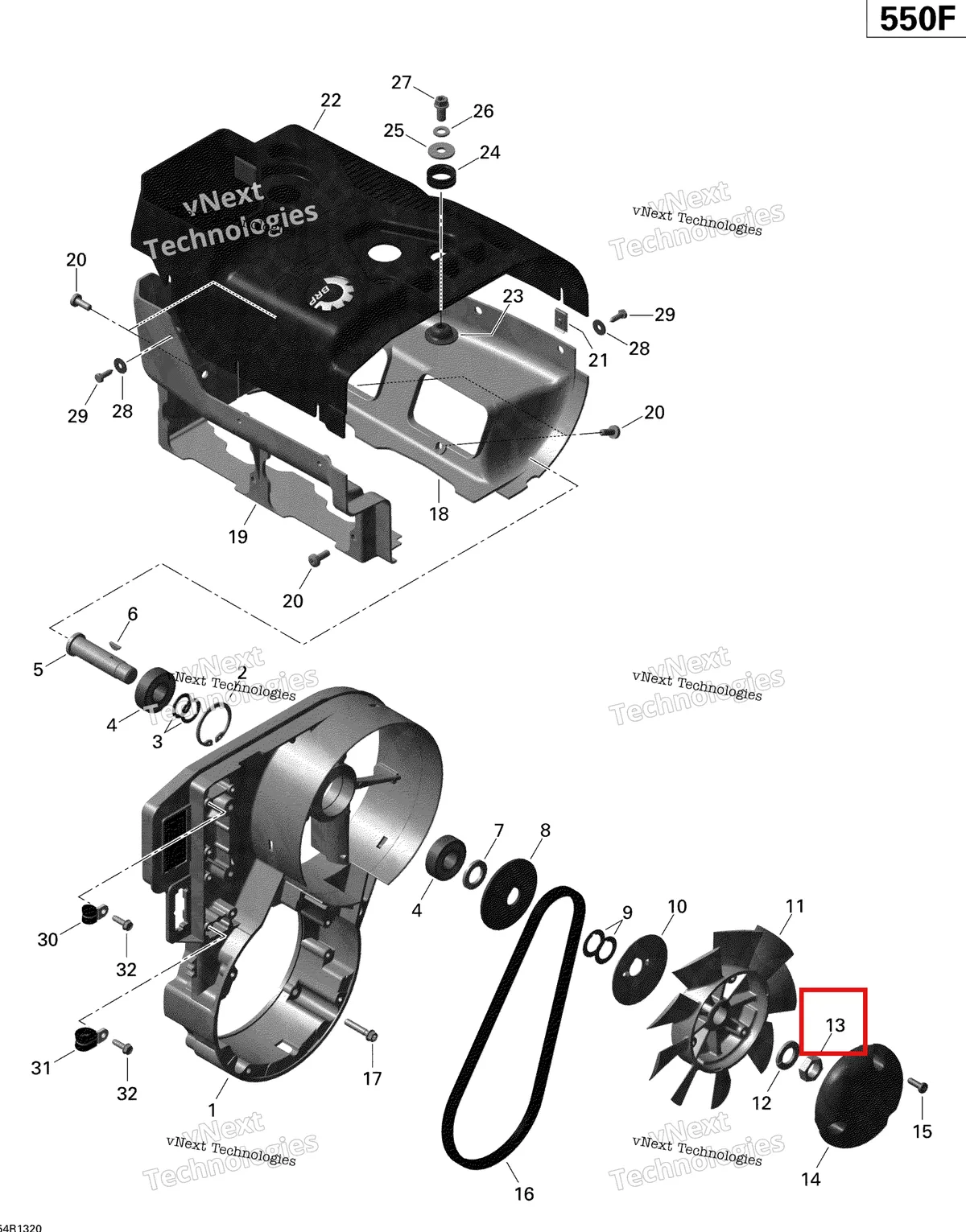 Деталь 420942285 (Деталь Nut M16) на схеме узла 2013 Ski-Doo MXZ SPORT 550F XP Fan And Cylinder Cowls
