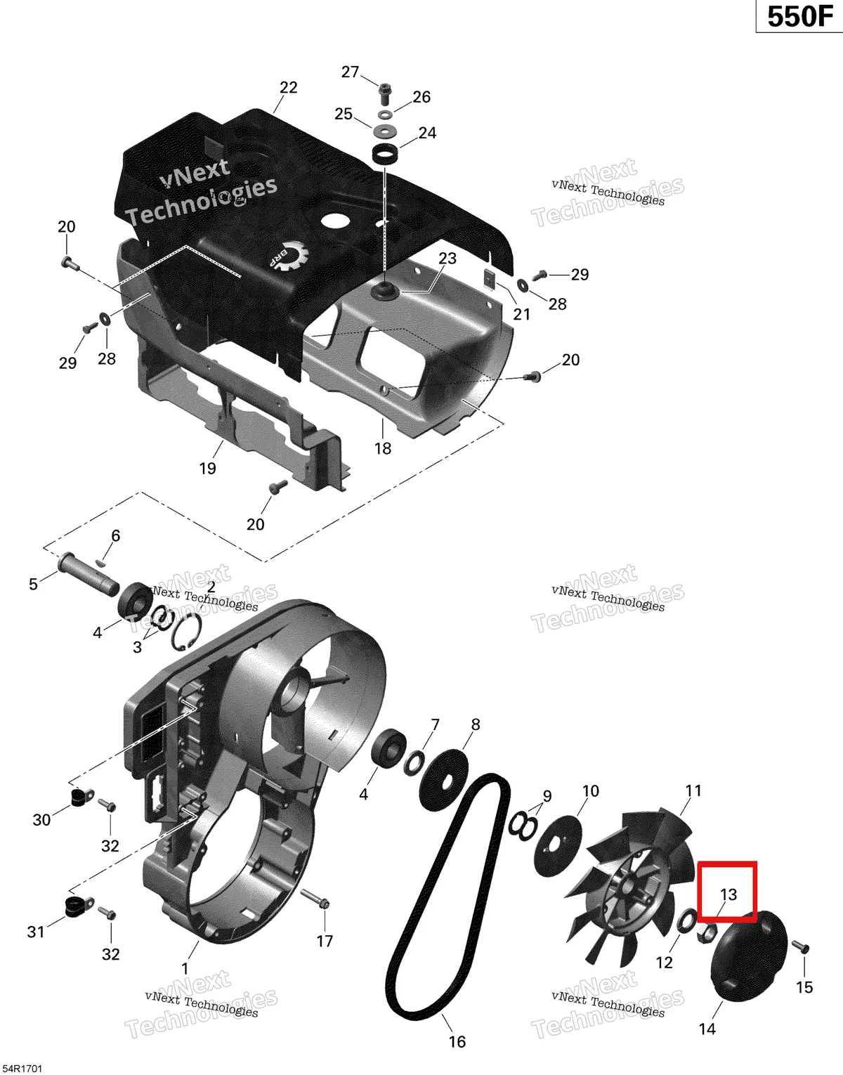 Деталь 420942289 (Гайка М16) на схеме узла 2020 Ski-Doo EXPEDITION SPORT 550F Engine - Fan And Cylinder Cowls - 550F