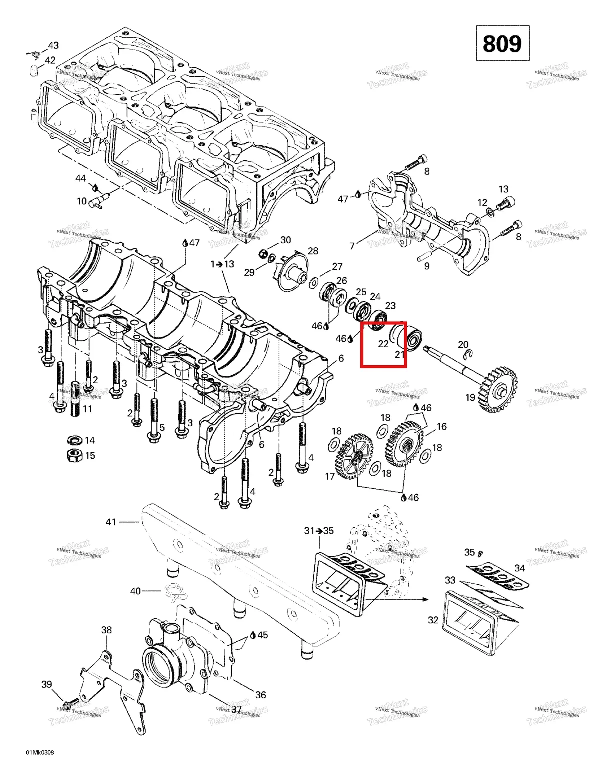 Деталь 420944466 на схеме узла 2003 Ski-Doo Mach Z Crankcase, Reed Valve, Water Pump