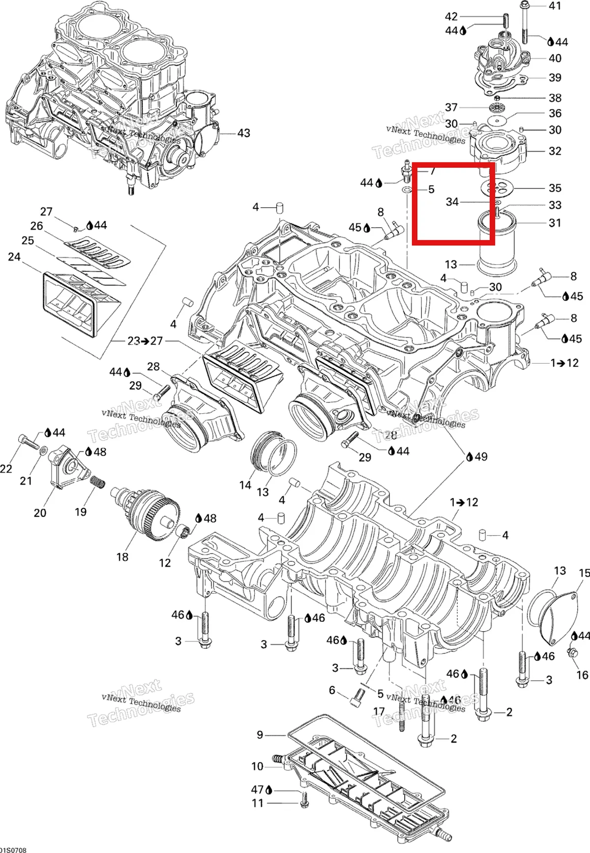 Деталь 420944590 на схеме узла 2007 Sea-Doo 3D 947 DI Crankcase And Reed Valve