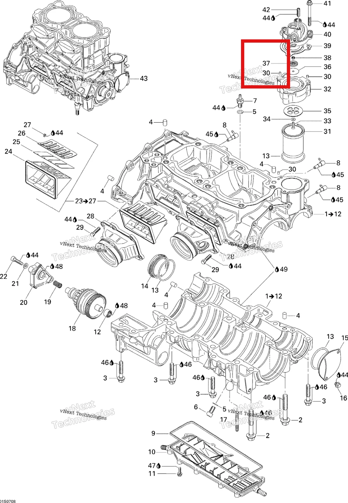Деталь 420944600 на схеме узла 2007 Sea-Doo 3D 947 DI Crankcase And Reed Valve