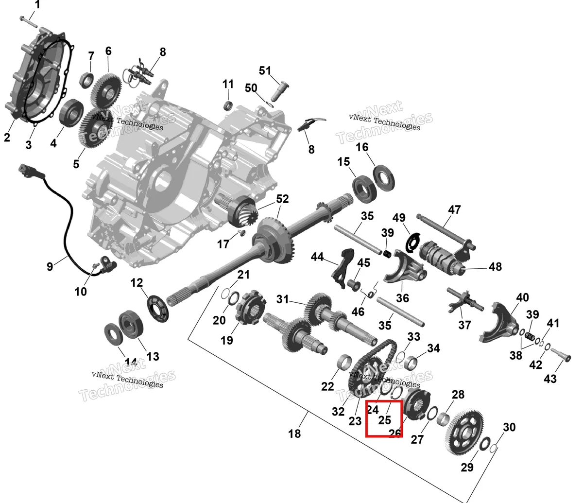 Деталь 420945620 (Стопорное кольцо Can-Am Outlander 4x4 XT 1000R (2025) (420945620)) на схеме узла 2026 Can-Am OUTLANDER - 2X4 - STD - 500 - 1KTB - Legion Red Rotax - Gearbox