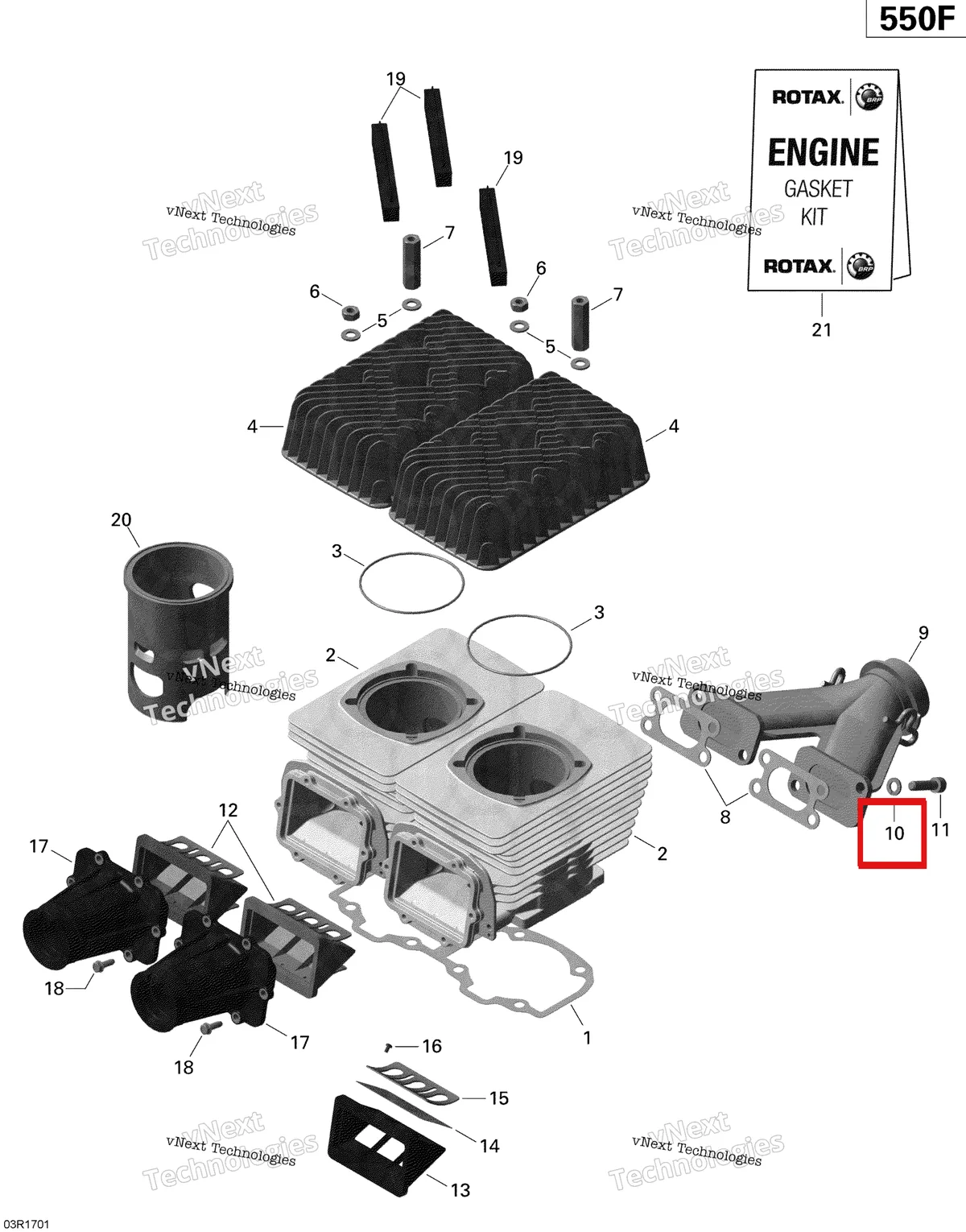 Деталь 420945752 (Шайба) на схеме узла 2020 Ski-Doo EXPEDITION SPORT 550F Engine - Cylinder, Exhaust Manifold And Reed Valve - 550F