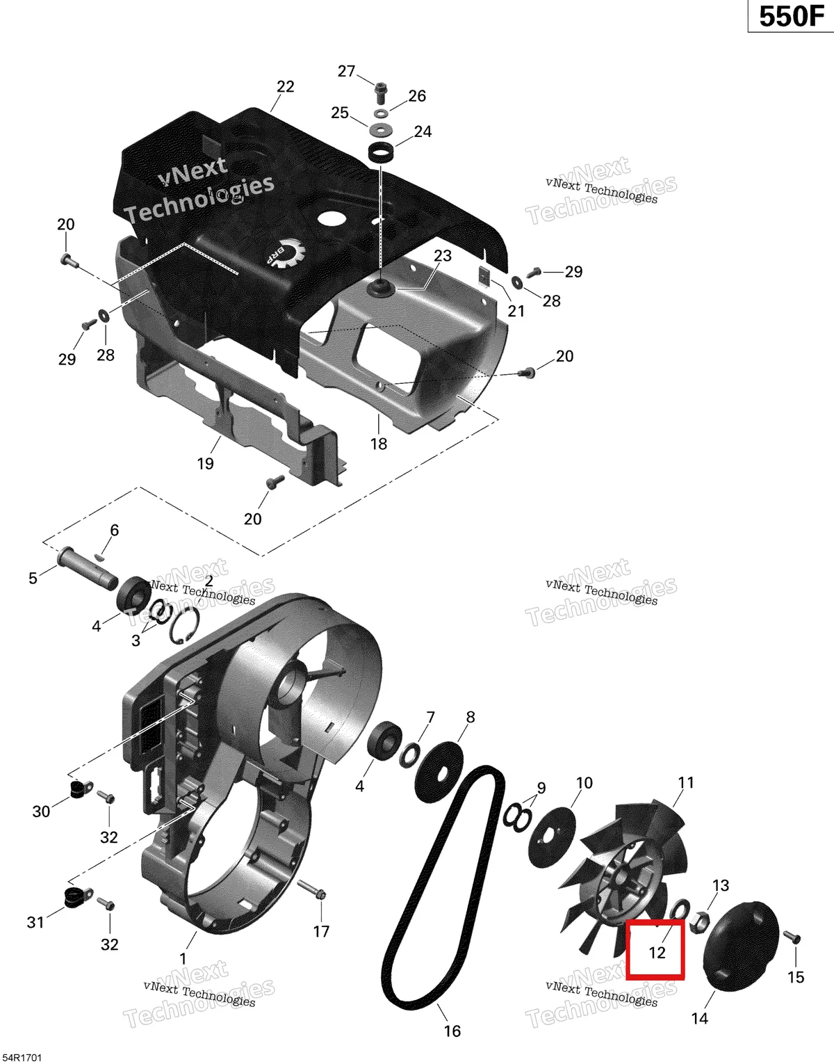 Деталь 420945756 (Пружинная шайба) на схеме узла 2020 Ski-Doo EXPEDITION SPORT 550F Engine - Fan And Cylinder Cowls - 550F