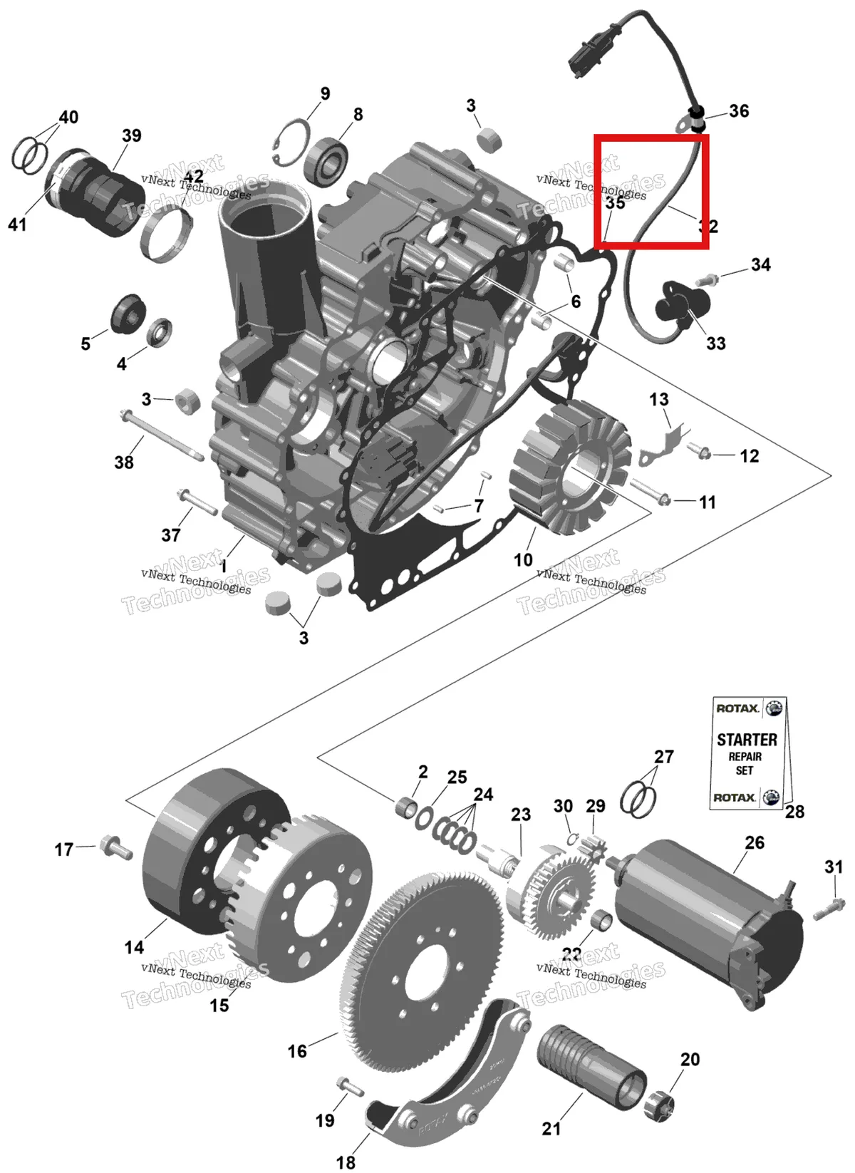 Деталь 420945880 (Стопорное кольцо) на схеме узла 2026 Sea-Doo RXP - 325 - X - 23TC - Gulfstream Blue Rotax - Magneto And Electric Starter