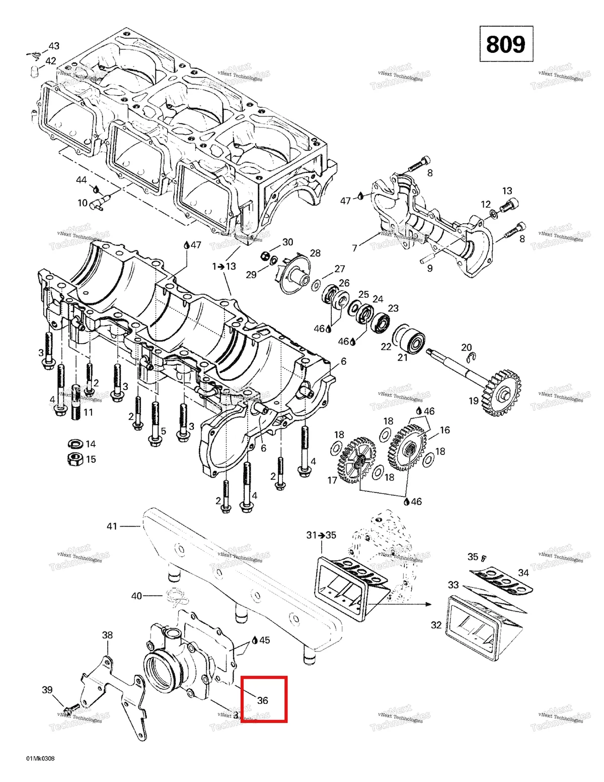 Деталь 420950292 на схеме узла 2003 Ski-Doo Mach Z Crankcase, Reed Valve, Water Pump