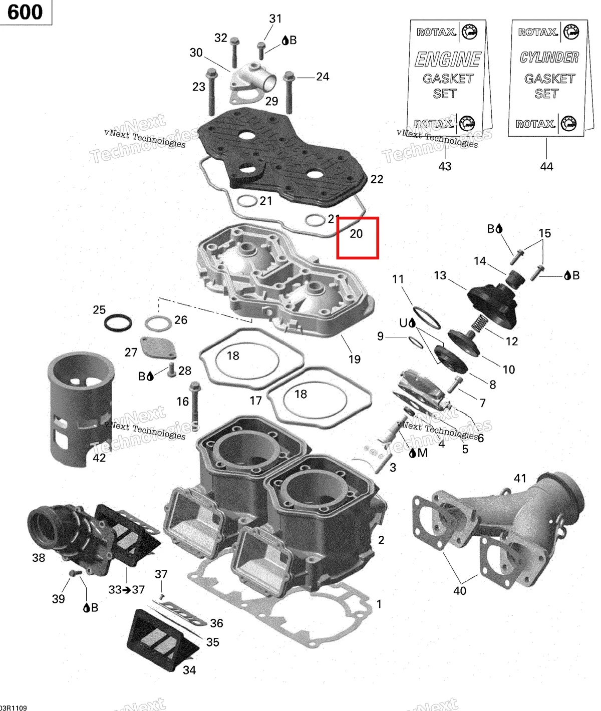 Деталь 420950320 (Уплотнительное кольцо) на схеме узла 2011 Ski-Doo Grand Touring Sport 600 XP Cylinder And Cylinder Head