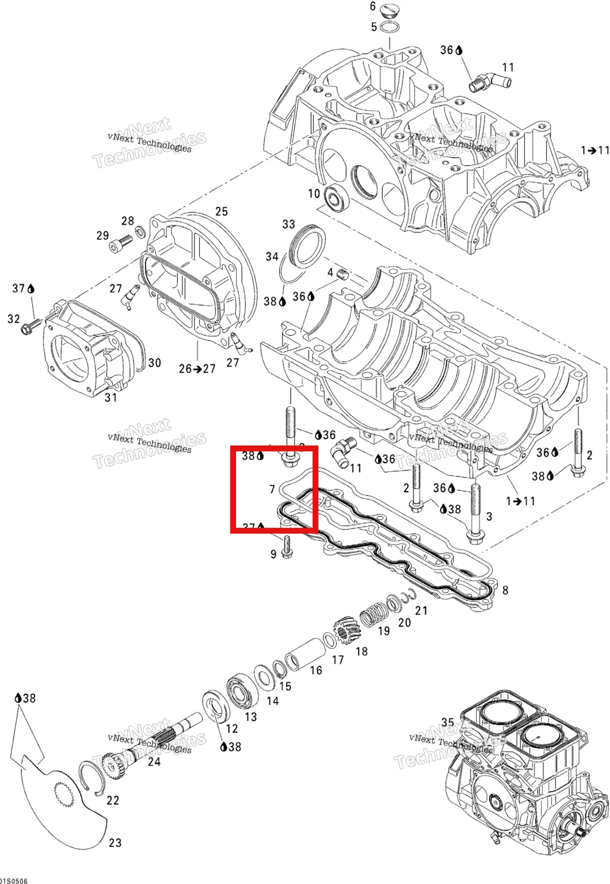 Деталь 420950360 на схеме узла 2005 Sea-Doo 3D RFI Crankcase And Rotary Valve