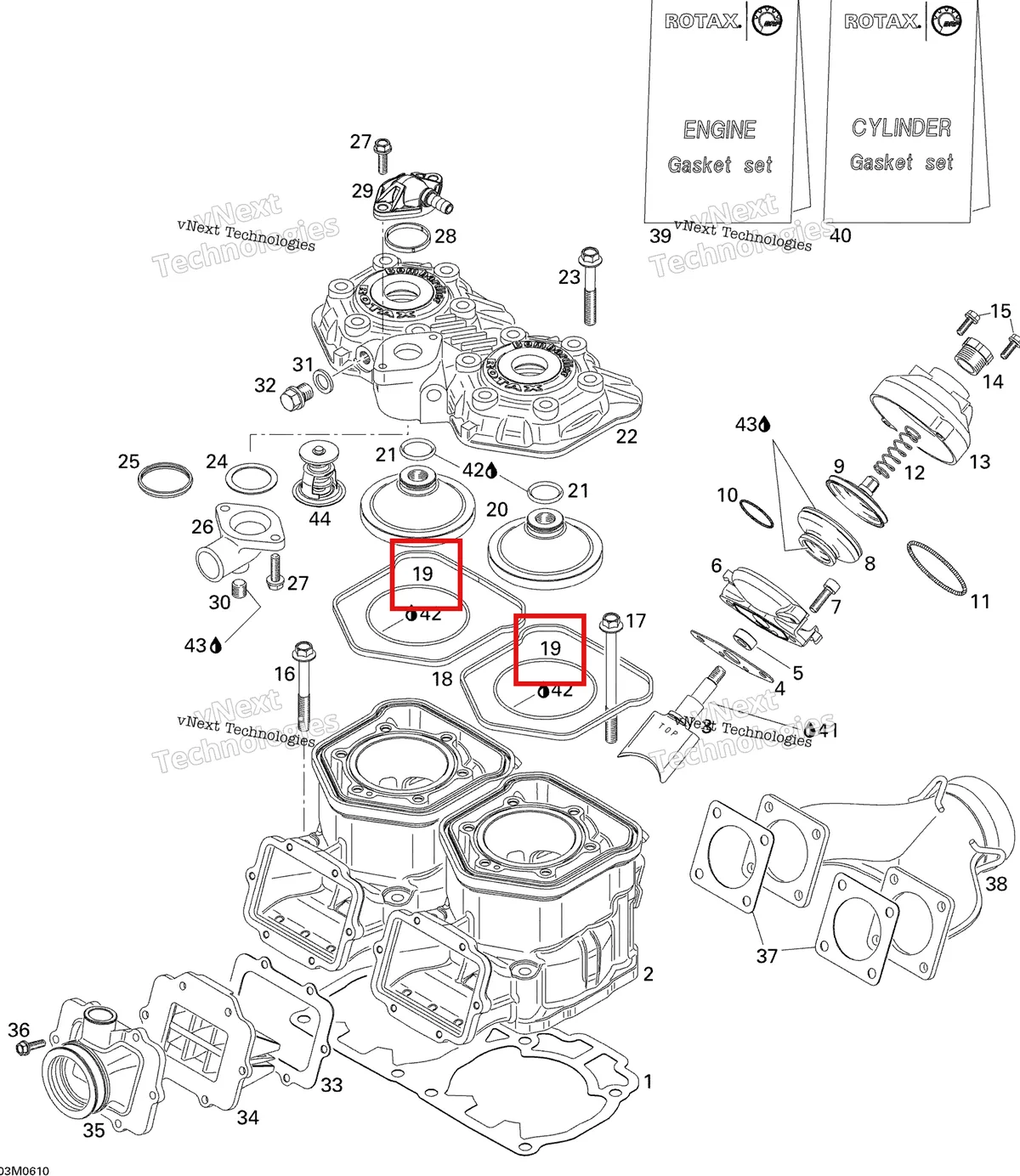 Деталь 420950490 (Уплотнительное кольцо) на схеме узла 2006 Ski-Doo MX Z 440 Racing Cylinder And Exhaust Manifold