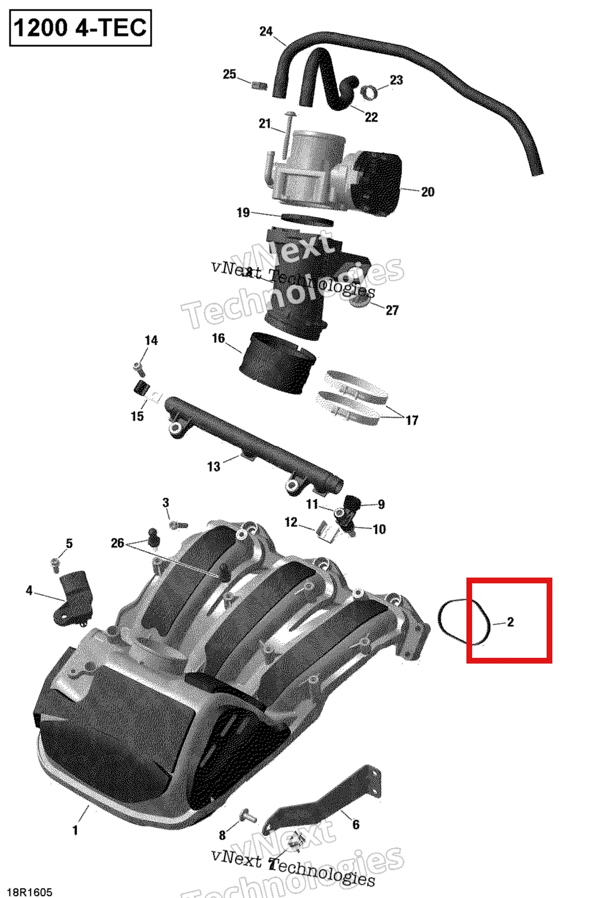 Деталь 420950745 (Прокладка) на схеме узла 2019 Ski-Doo EXPEDITION LE-SE 1200 4-TEC Air Intake Manifold And Throttle Body - 1200Itc 4-Tec