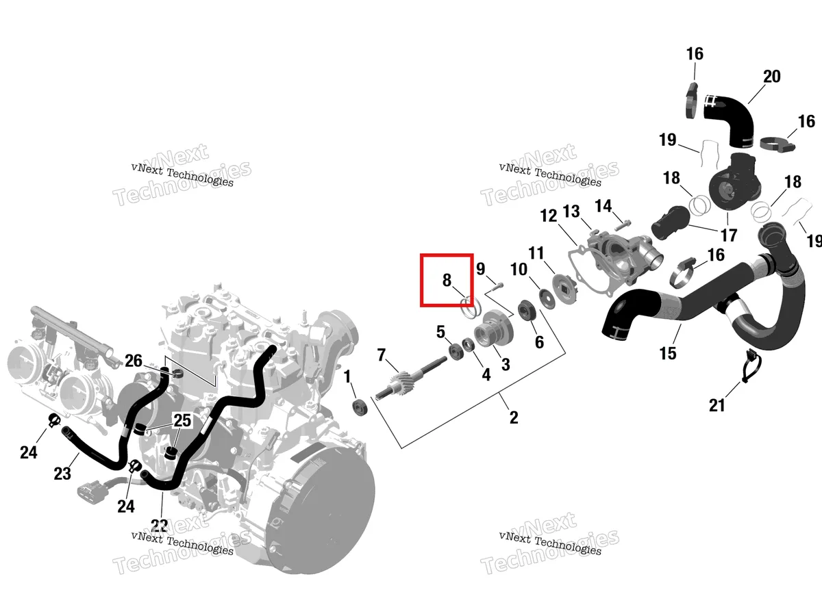 Деталь 420950897 на схеме узла 2024 Ski-Doo BACKCOUNTRY 600 EFI - SPORT - UBRA - Neo Yellow - 146X15X1.6C Track Rotax - Engine Cooling