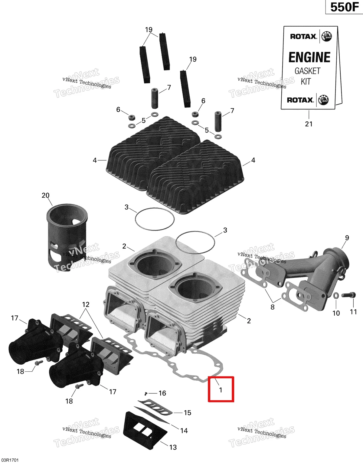 Деталь 420950912 (Прокладка 0,6 мм) на схеме узла 2020 Ski-Doo EXPEDITION SPORT 550F Engine - Cylinder, Exhaust Manifold And Reed Valve - 550F