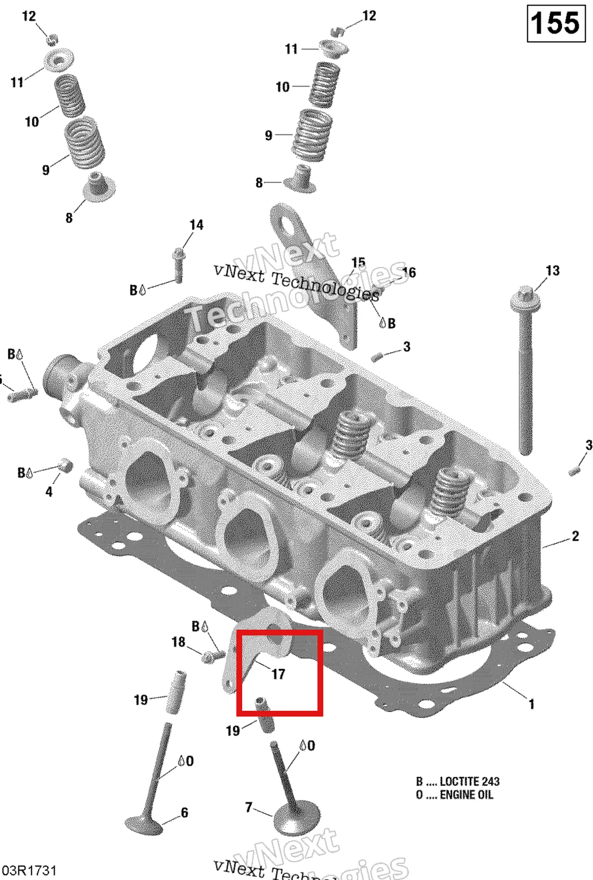 Деталь 420951380 на схеме узла 2017 Sea-Doo GTX Cylinder Head - 130-155 Model Without Suspension