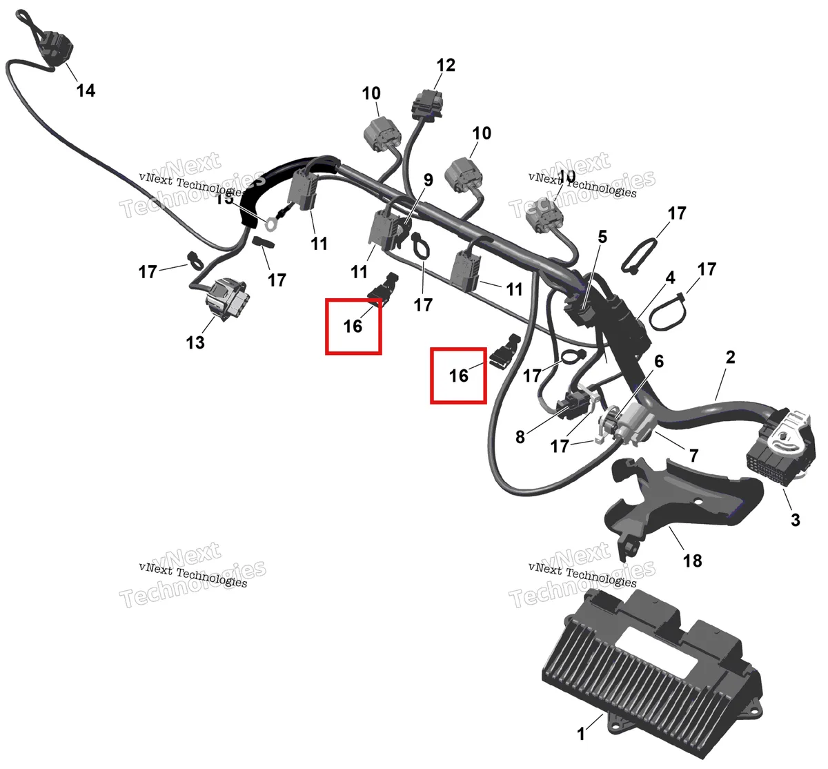 Деталь 420951650 (Стяжка с креплением) на схеме узла 2026 Sea-Doo SPARK - 900 ACE - BASE - 61TA - Sunrise Orange - 2UP Rotax - Engine Harness And Electronic Module